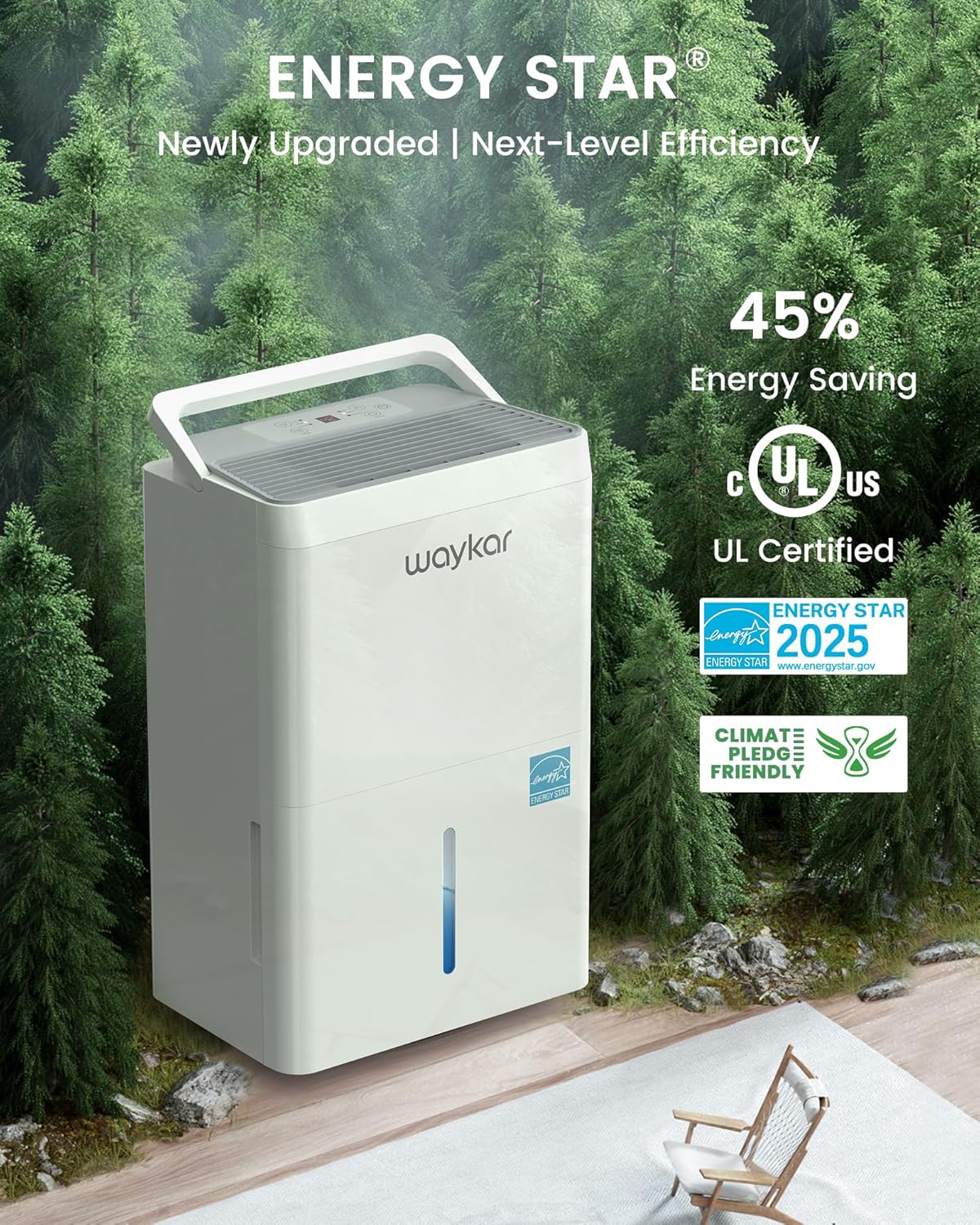 Waykar 6000 Sq.Ft Energy Star Dehumidifier for Basement and Home, 120 Pint/Day with Drain Hose and Tank, Ultra Quiet (40 dB), Smart Auto Comfort Mode
