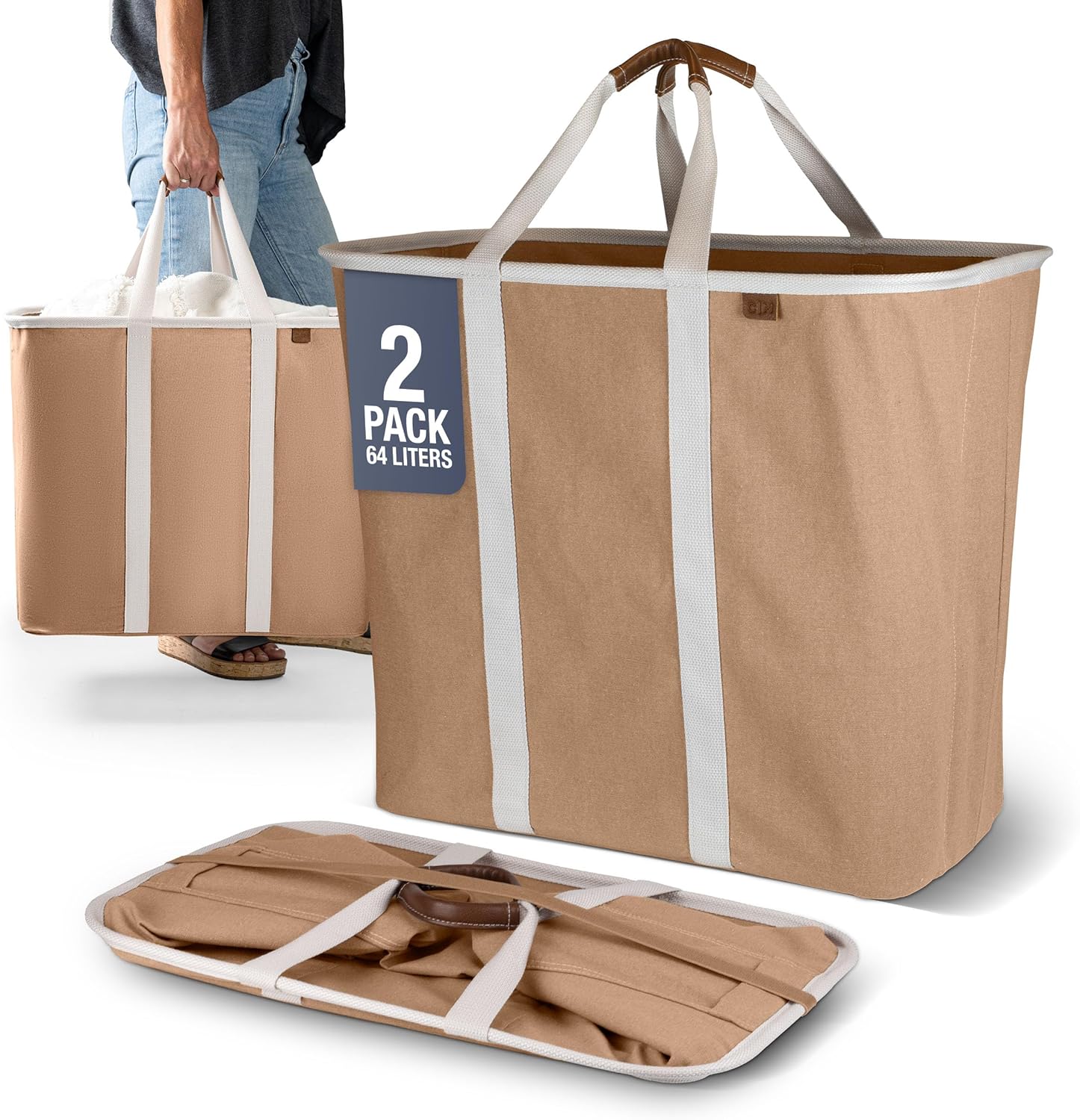 CleverMade Collapsible Laundry Caddy, 64L, 2 Pack, Black Gray, A reinforced rim and base keep it upright for loading. Comfortable handles move up to 2