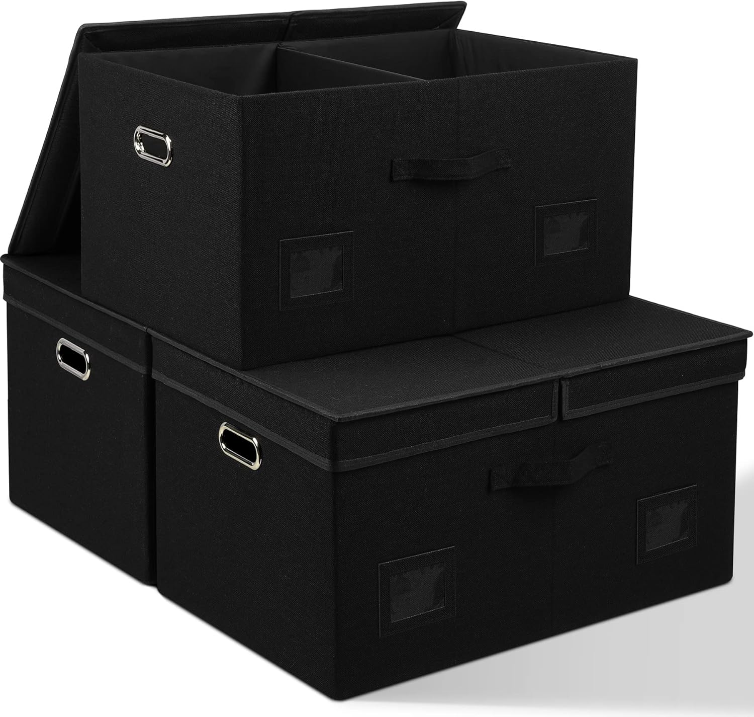 Graciadeco Large Quart Collapsible Stackable Storage Bins with Lids, 3 Packs Beige Linen Fabric Closet Boxes with Lids