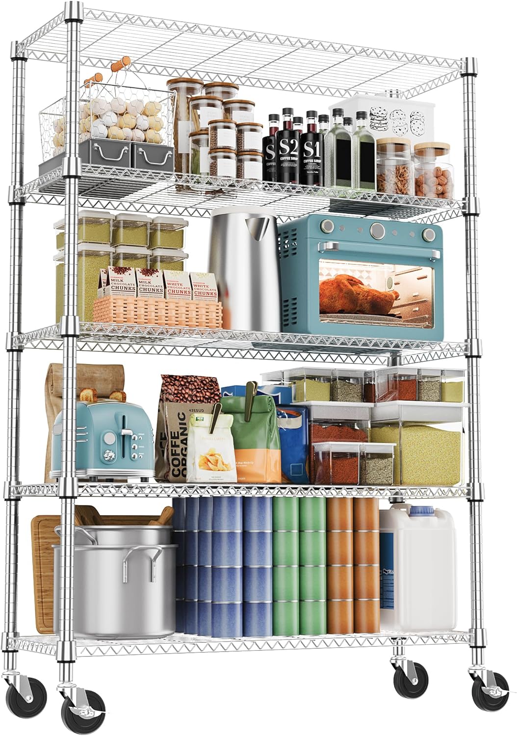 M MZG 1250 lbs 5 Tier Shelf Metal Storage Shelves Wire Rack Closet Organizers with Wheel for Garage Kitchen Bathroom Laundry Chrome 13.7" D x 23.6" W