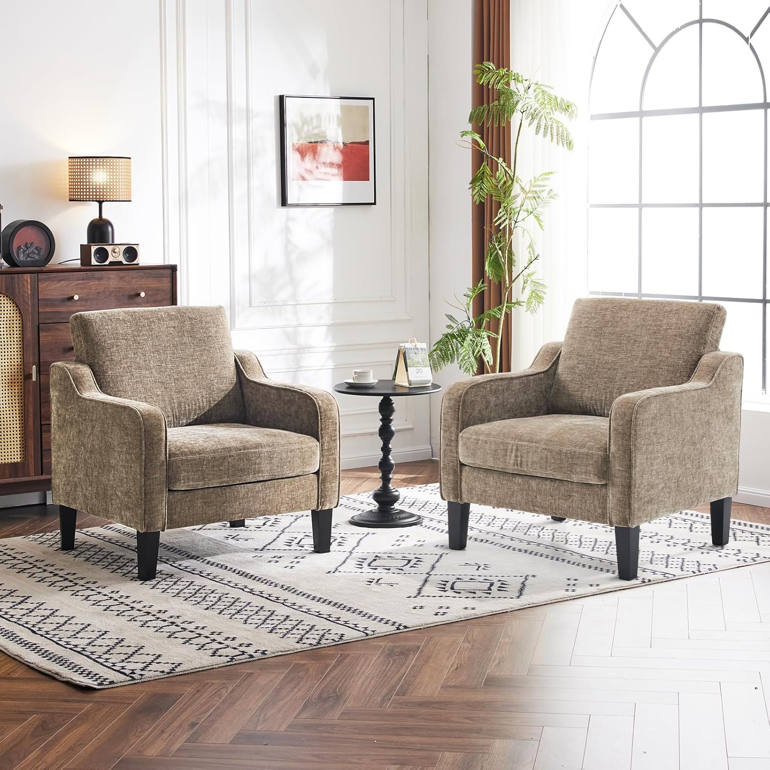 VINGLI Mid Century Modern Accent Chair, Light Grey Fabric Accent Chairs for Living Room Upholstered Armchair with Scooped Arms for Bedroom, Apartment