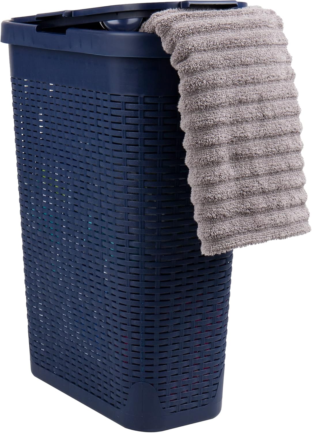 Mind Reader Slim Laundry Hamper with Lid, 40L Clothes Basket, Narrow Tapered Design with Ventilated Cutout Pattern, Plastic, White