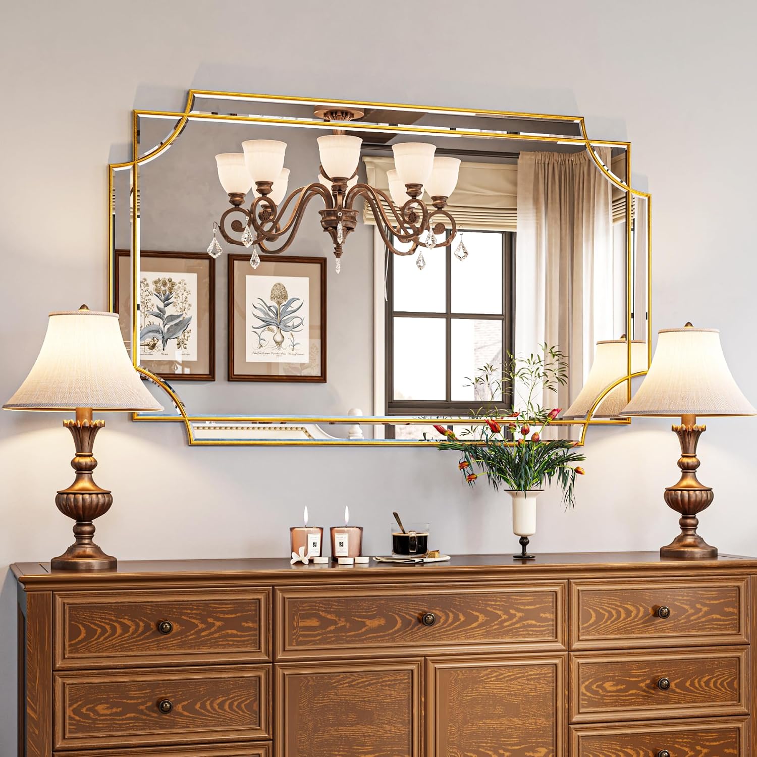 Kelly Miller 24"x48" Gold Foil Scalloped Edge Decorative Vanity Wall Mirror, Hand-Applied Gold Foil Finish. HD Mirror With French Cleat. Elegant
