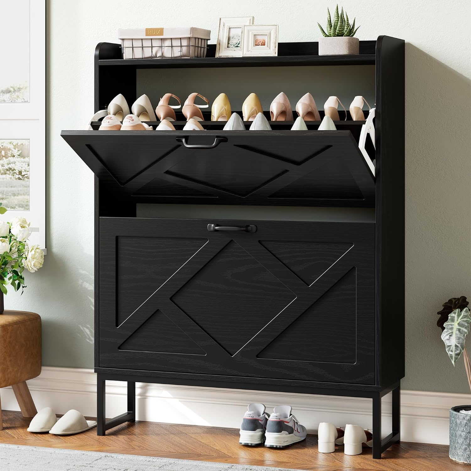 Shoe Cabinet with 2 Flip Drawers, Entryway Organizer, Chestnut, Slim Wood Shoe Rack with Metal Legs, Farmhouse Shoe Cabinet Storage for Entryway
