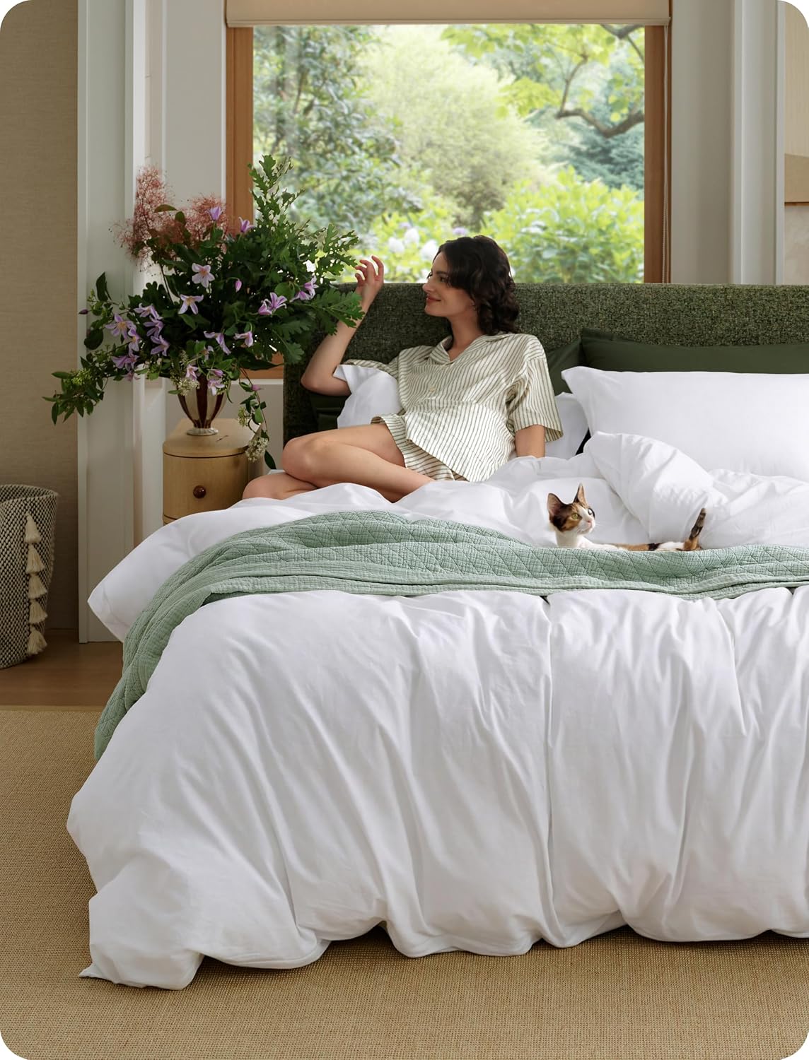 Bedsure 100% Washed Cotton Duvet Cover King Size - Sage Green Minimalist Bedding Set Linen Like - PureWoven Plain Simple and Soft Comforter Cover for