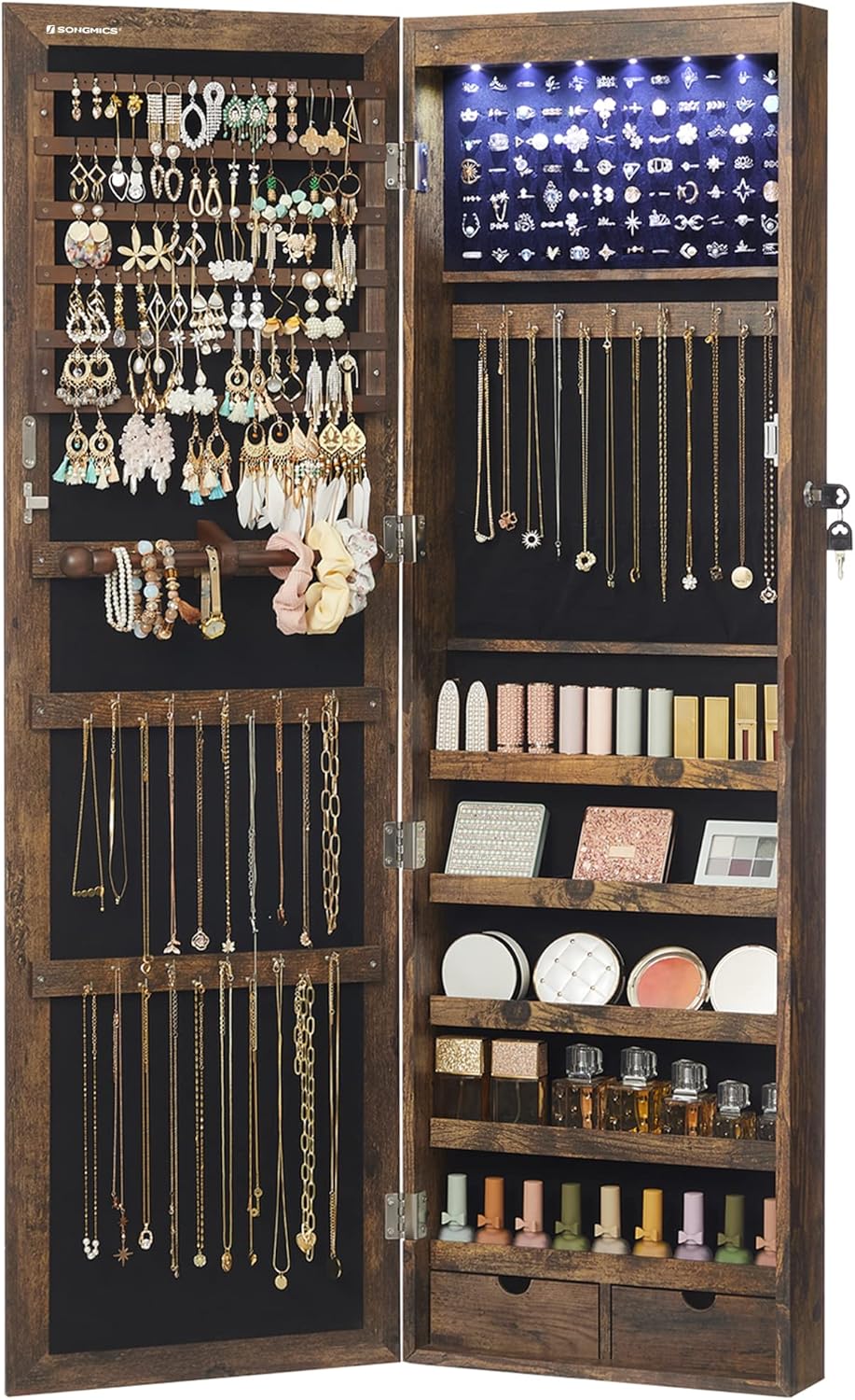 SONGMICS 6 LEDs Mirror Jewelry Cabinet, 47.2-Inch Tall Lockable Wall or Door Mounted Jewelry Armoire Organizer with Mirror, 2 Drawers