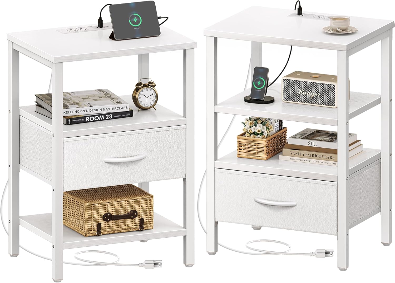 SUPERJARE Nightstand Set of 2, Bed Side Tables with Charging Station, Adjustable Fabric Drawer, Night Stand for Bedroom, 3-Tier Storage End Tables