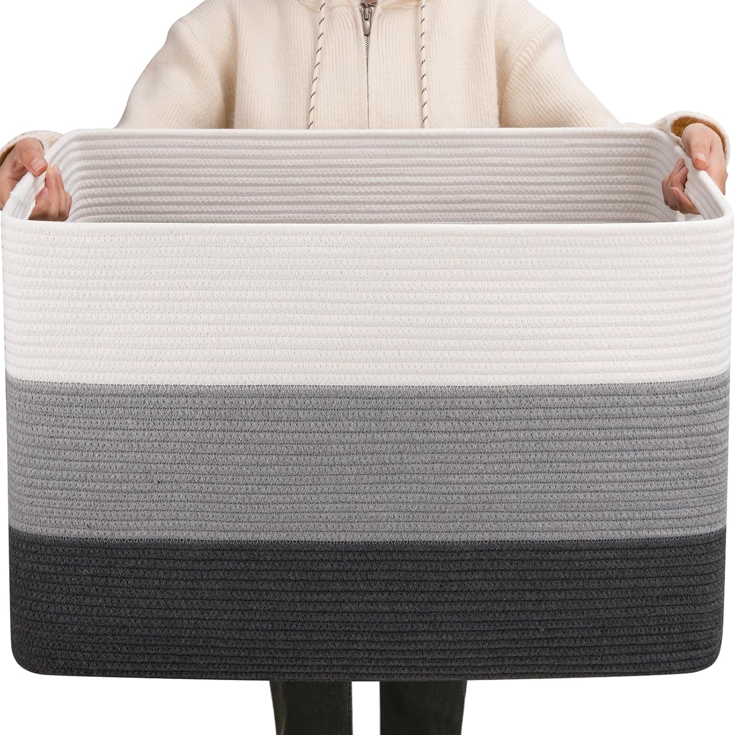 OIAHOMY 108L Super Large Blanket Basket, 25"x16"x16"(108L) Rectangle Woven Baskets for Storage, Cotton Rope Basket For Living Room