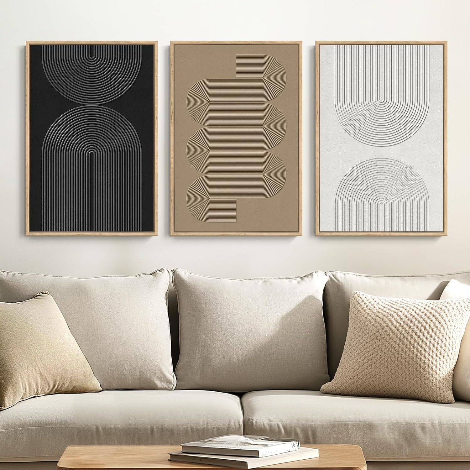 Large Framed Boho Modern Neutral Abstract Wall Art for Living Room, 3 Piece Black and White Canvas Prints Paintings Artwork for Walls