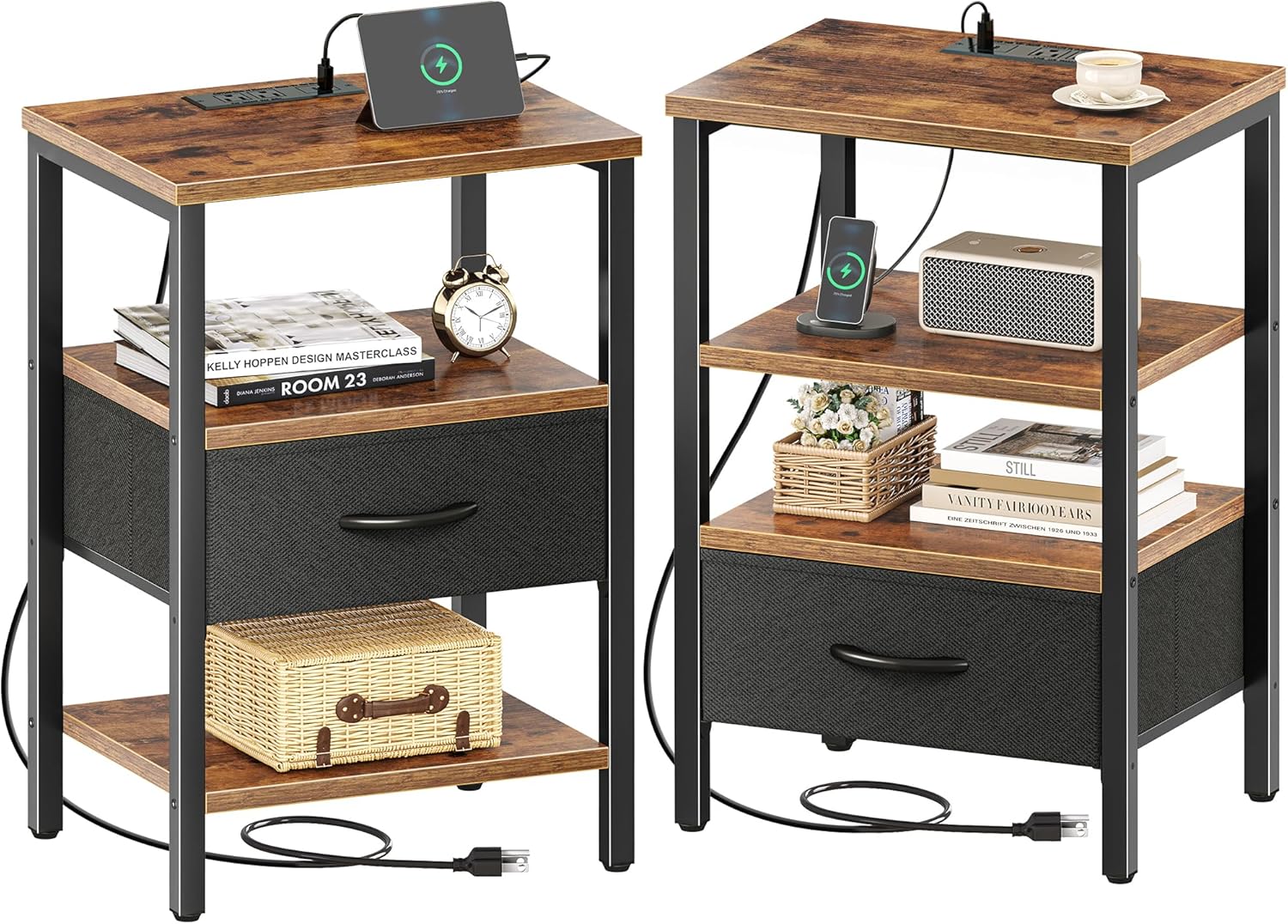 SUPERJARE Nightstand Set of 2, Bed Side Tables with Charging Station, Adjustable Fabric Drawer, Night Stand for Bedroom, 3-Tier Storage End Tables