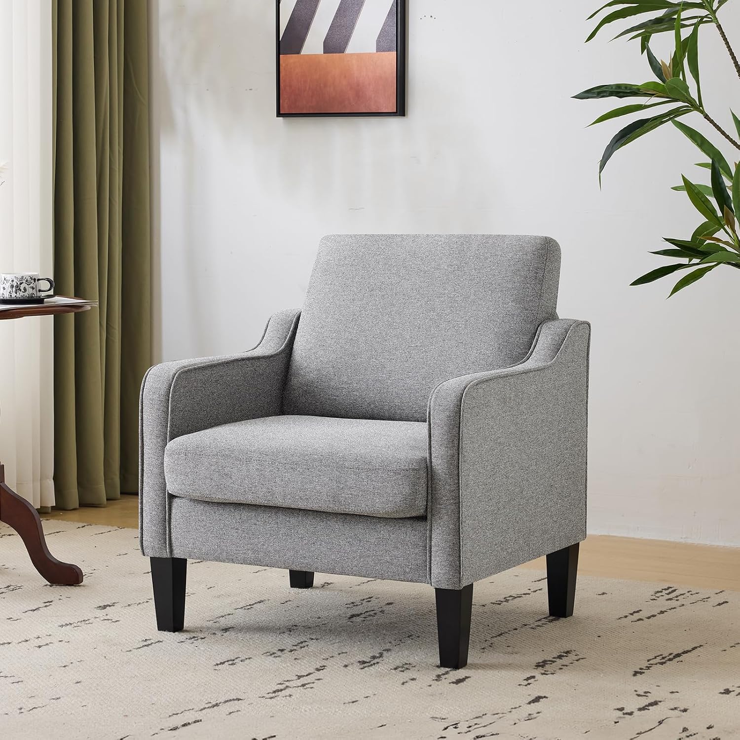 VINGLI Mid Century Modern Accent Chair, Light Grey Fabric Accent Chairs for Living Room Upholstered Armchair with Scooped Arms for Bedroom, Apartment