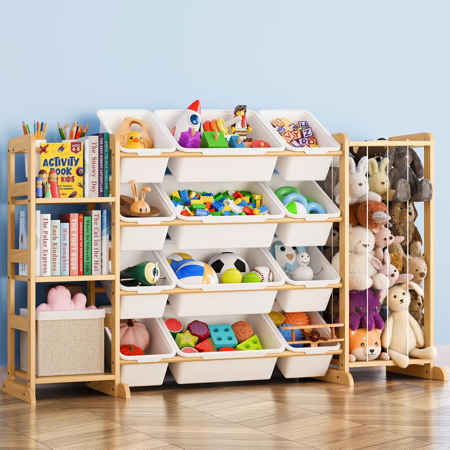 Toy Storage Organizer with Bookshelf and Stuffed Animal Storage - Playroom Organization with Shelves and 16 Bins - Living Room Box for Lego - Nursery