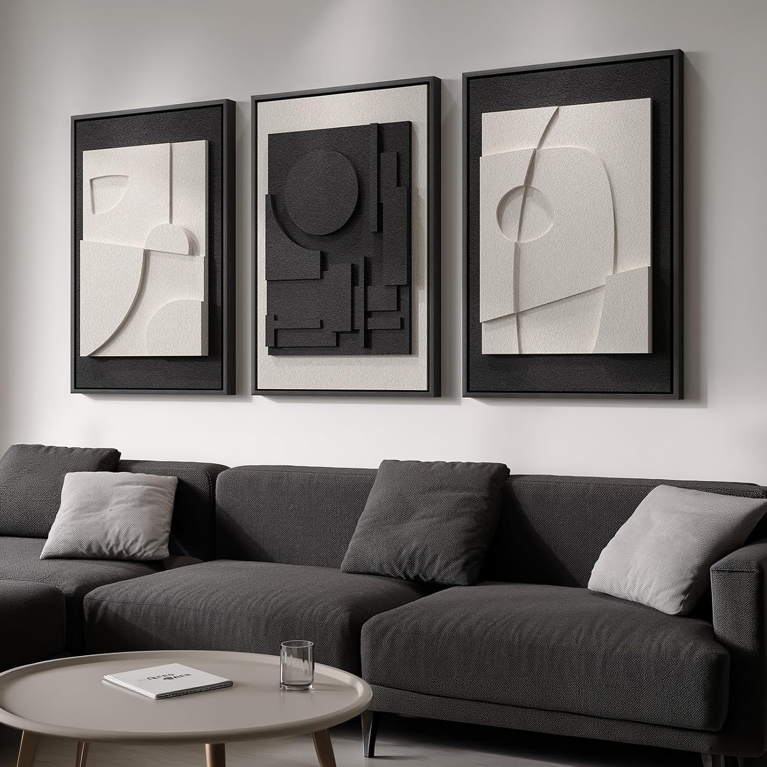 Large 3D Textured Framed Boho Modern Neutral Abstract Wall Art for Living Room, 3 Piece Black White Brown Paintings Artwork for Walls