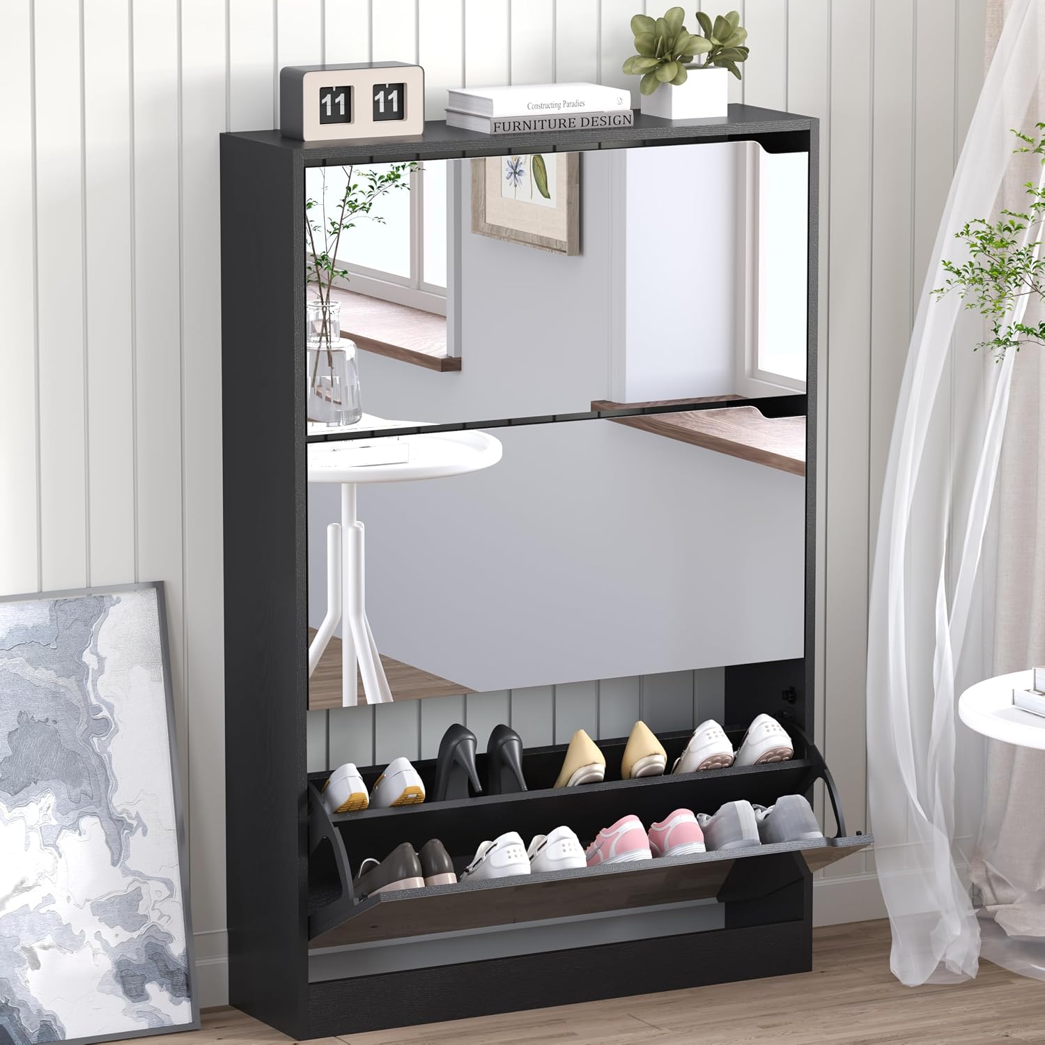 BORNOON Shoe Cabinet with Odor Control and Back Panels, Deodorizing Slim 3-Flip Shoe Storage Cabinet for Entryway