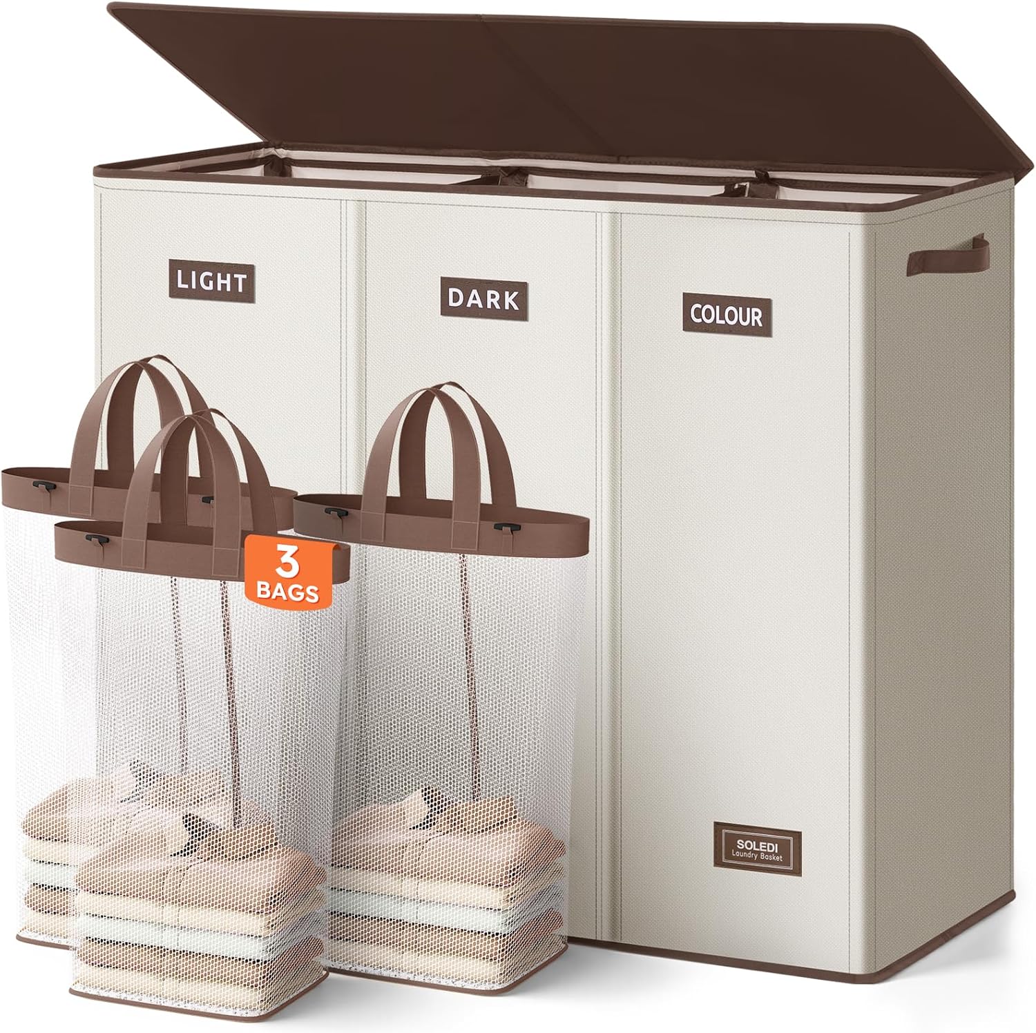SOLEDI 180L Laundry Hamper 3 Section, Extra Large Laundry Hamper with Lid, Dirty Clothes Hamper with Sturdy Handle