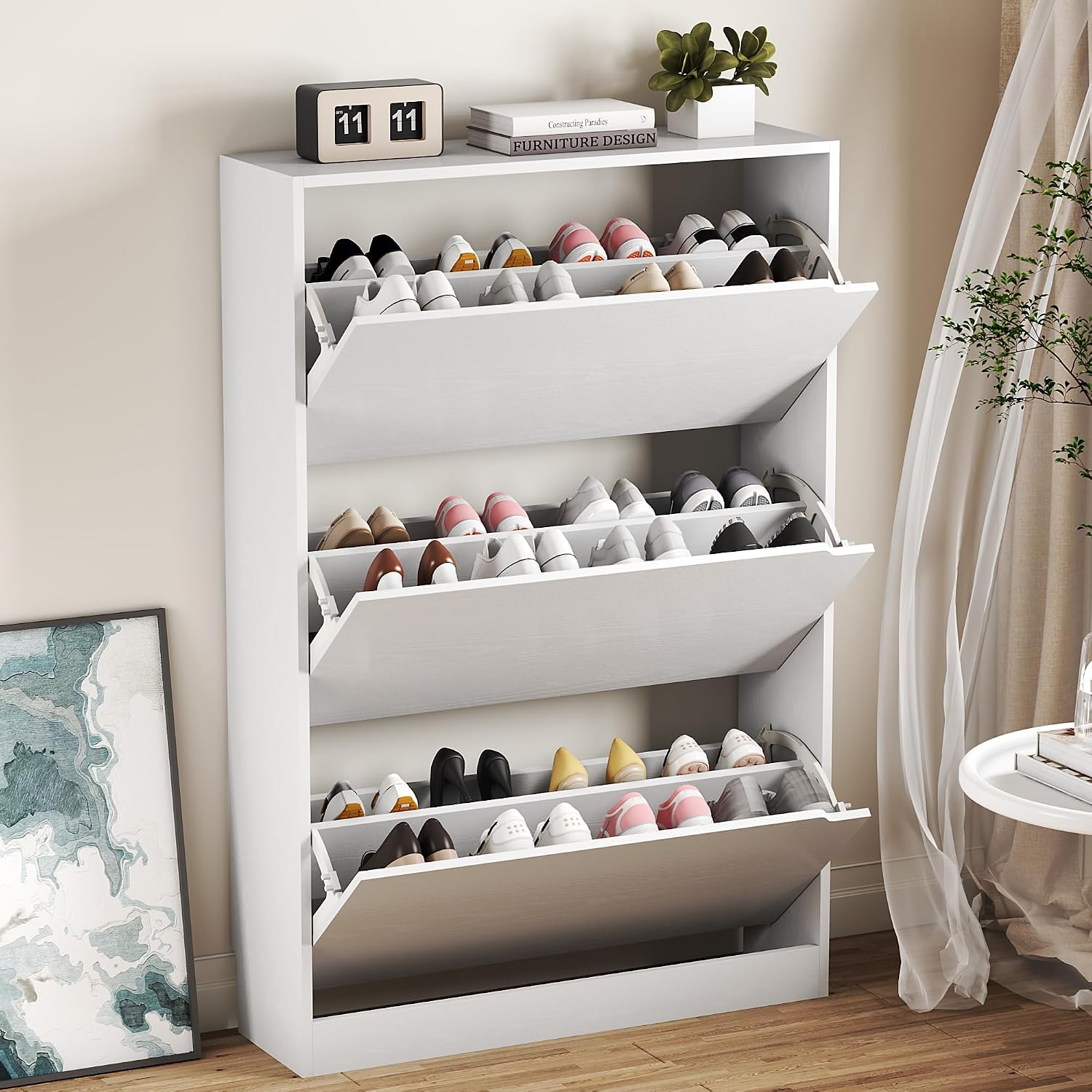 BORNOON Shoe Cabinet with Odor Control and Back Panels, Deodorizing Slim 3-Flip Shoe Storage Cabinet for Entryway