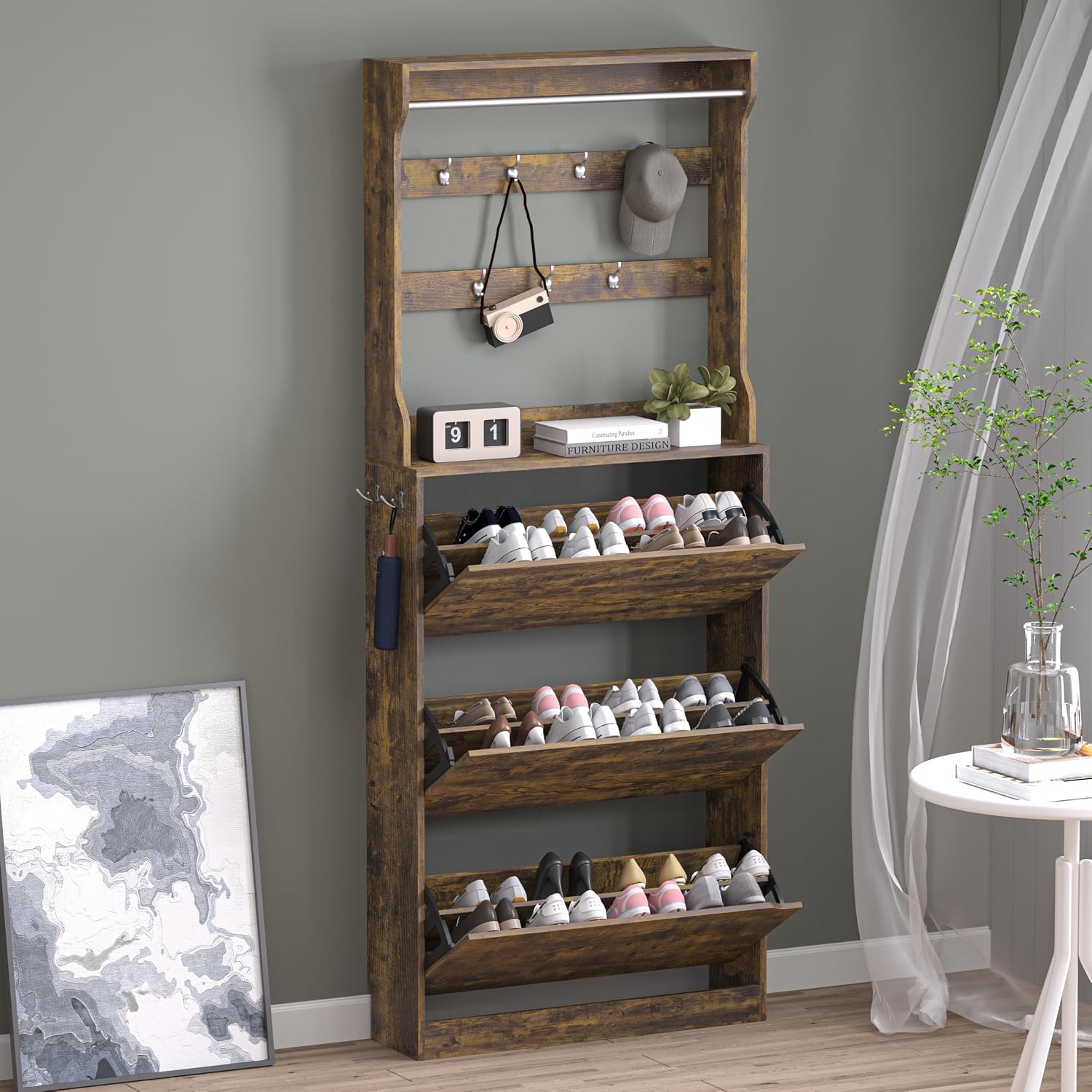 BORNOON Shoe Cabinet with Odor Control and Back Panels, Deodorizing Slim 3-Flip Shoe Storage Cabinet for Entryway