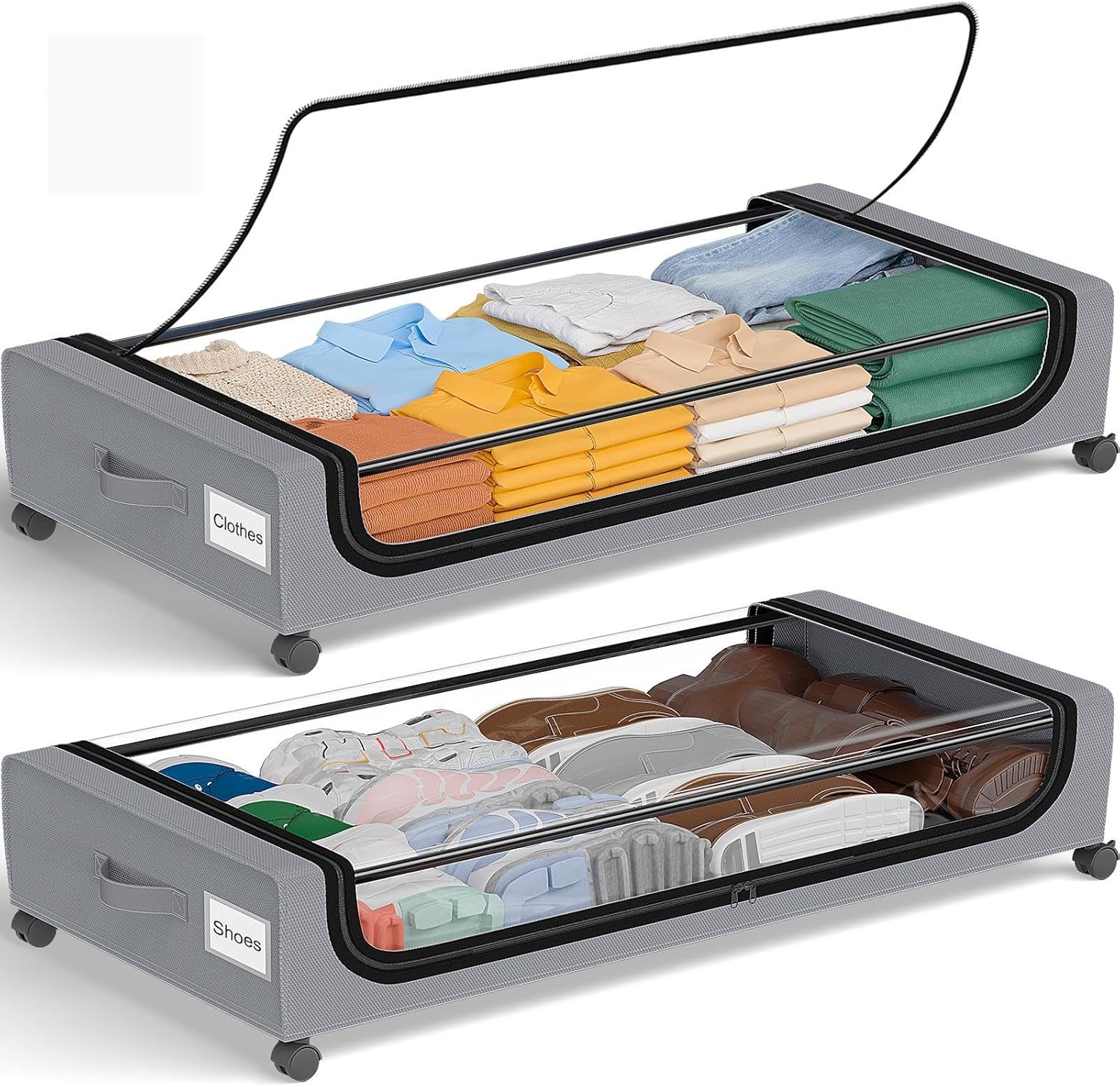 GoMaihe Under Bed Storage with Wheels: 48L Underbed Storage Containers with Lids - Rolling Bins for Shoes Clothes in Dorm Bedroom - Metal Drawers Easy