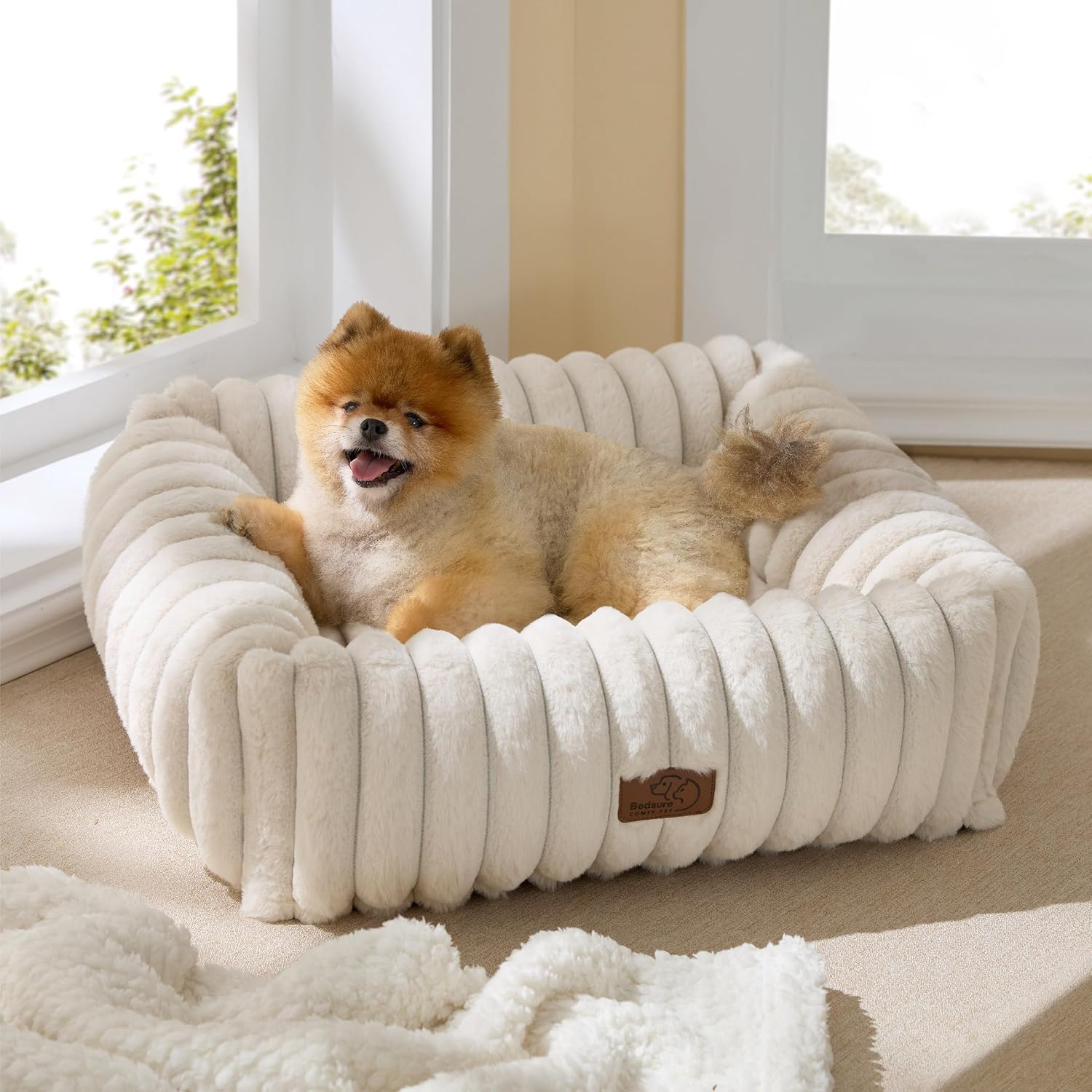 Bedsure ComfyFleece™ Cute Dog Beds Large Sized Dog Washable, 36in Blush Pink, Furry Big Square Pet Beds, Washable Aesthetic