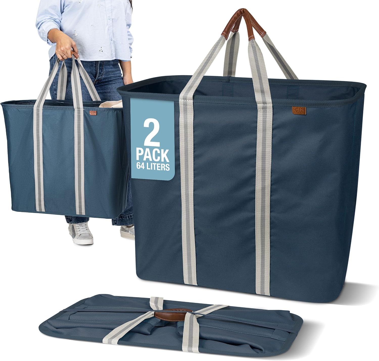 CleverMade Collapsible Laundry Caddy, 64L, 2 Pack, Black Gray, A reinforced rim and base keep it upright for loading. Comfortable handles move up to 2
