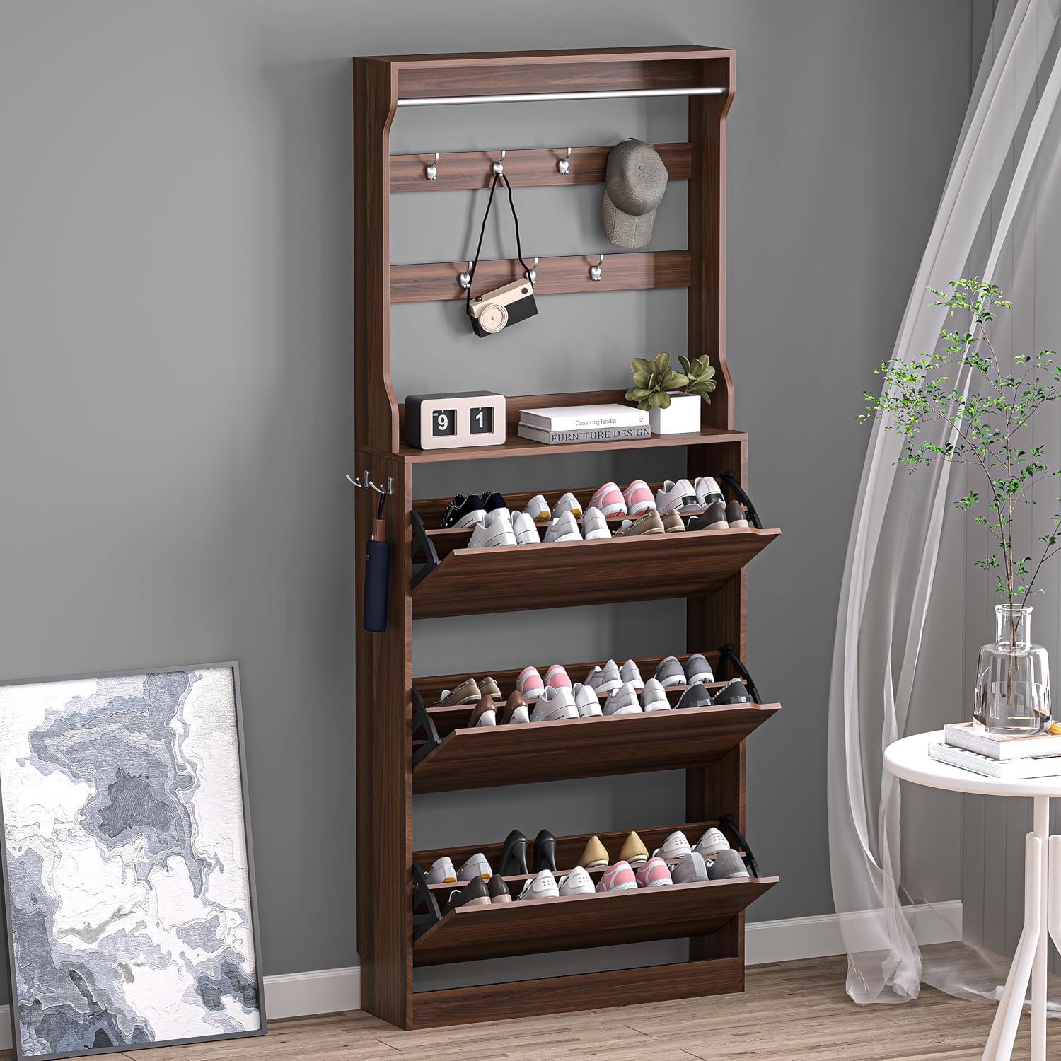 BORNOON Shoe Cabinet with 3 Flip Drawers, Hidden Wood Shoe Cabinet, Freestanding Shoe Storage Cabinet for Entryway Hallway.White. 47.2" H*31.5" W*9