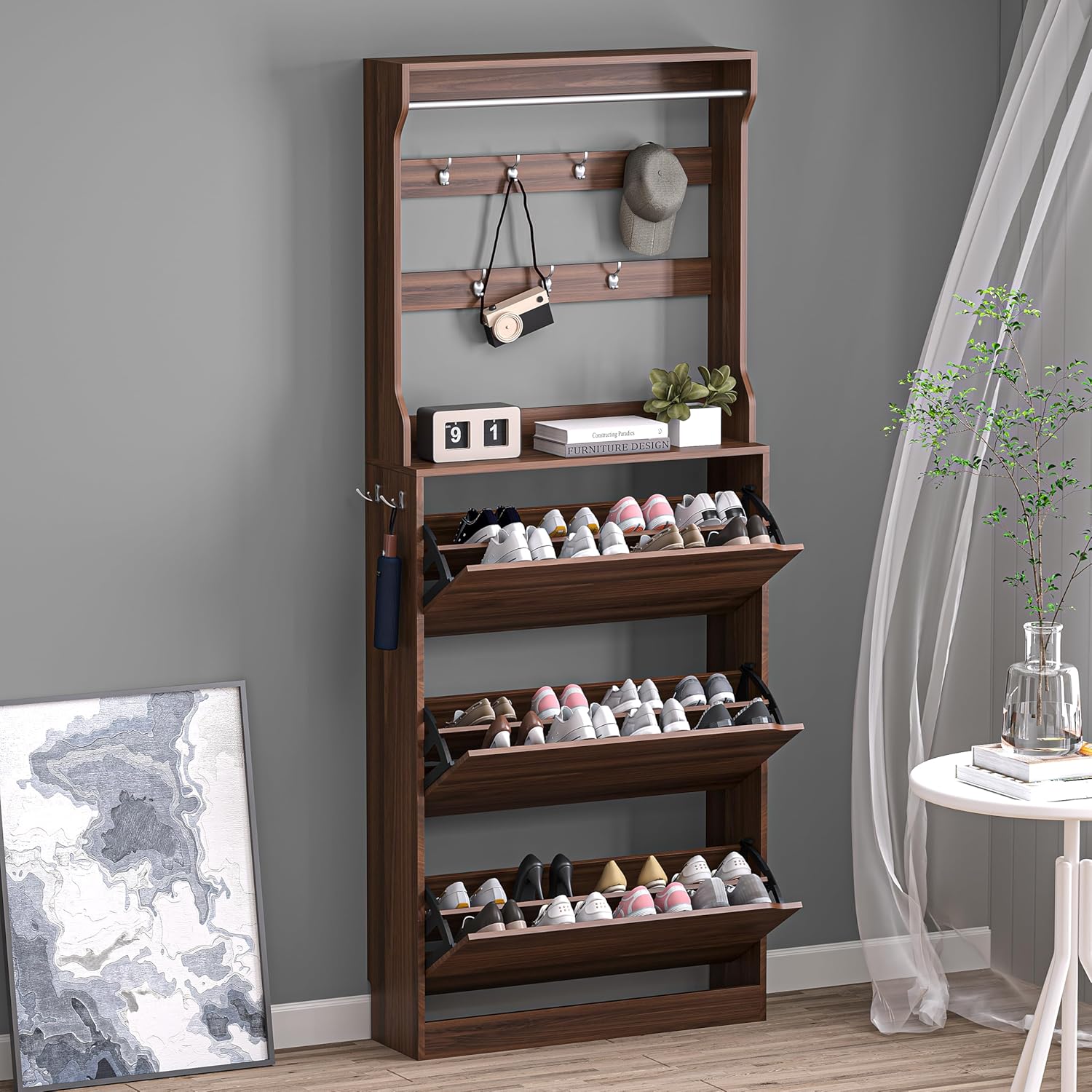 BORNOON Shoe Storage Cabinet with 3 Flip Drawers, Narrow Shoe Rack Cabinet, Freestanding Organizer Storage for Entryway, Hallway, Black