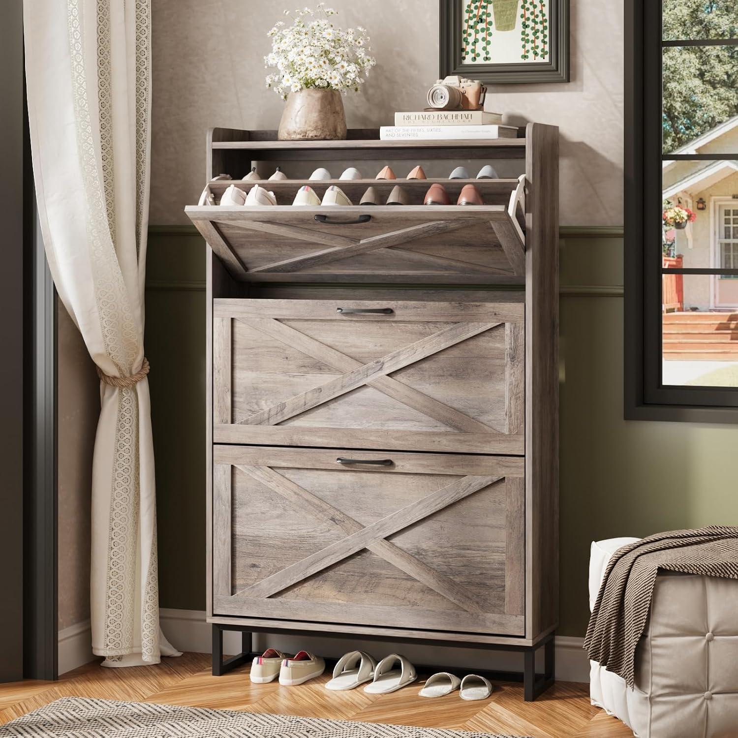 Maupvit Shoe Storage Cabinet with 2 Flip Drawers, Freestanding Shoe Organizer with Metal Legs for Entryway, Narrow Shoe Rack Cabinet, Rustic Brown