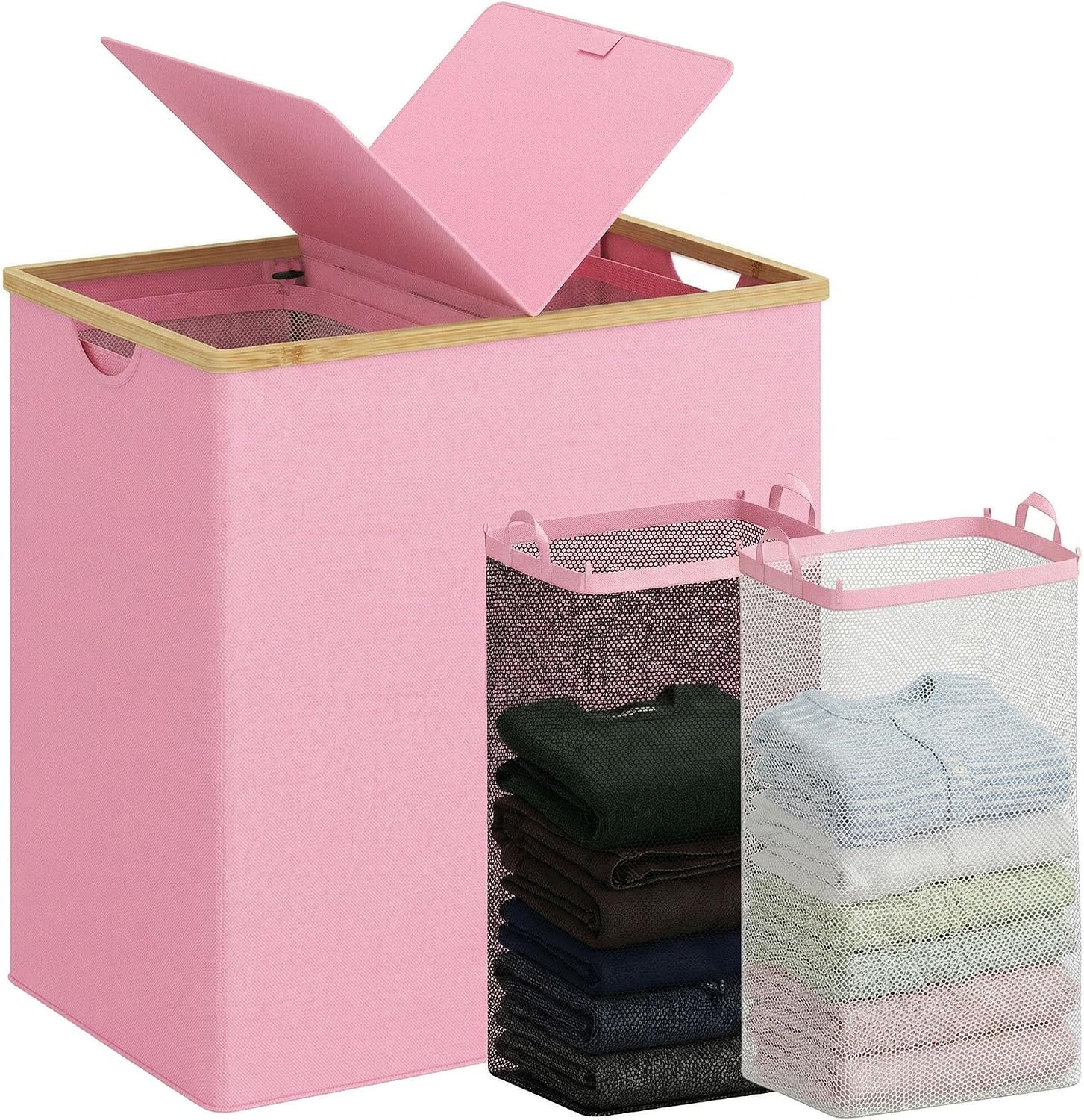 efluky Laundry Hamper with Lid, Double Laundry Basket with 2 Removable Bags, 2 Section Laundry Bin with Bamboo Handles for Bathroom