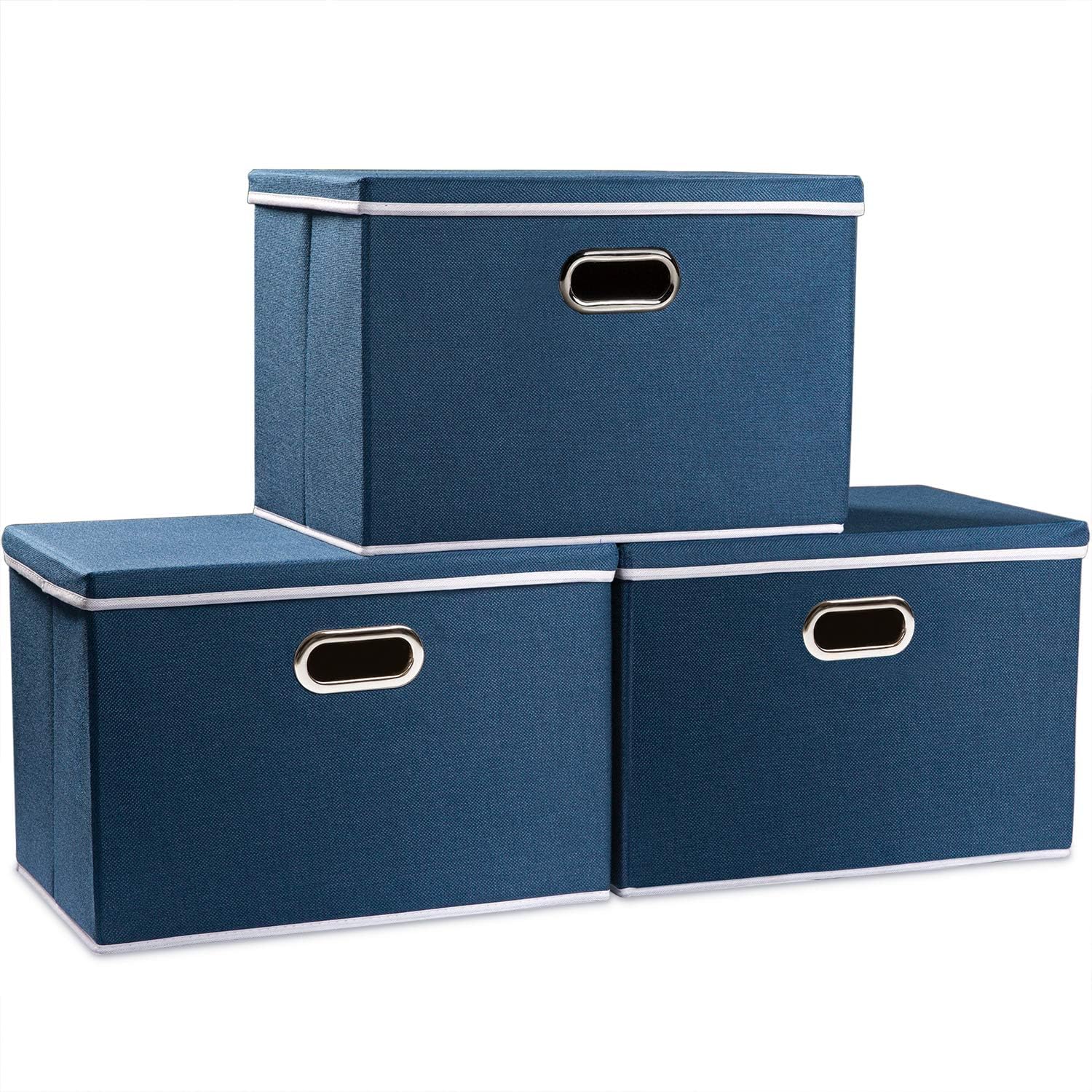 PRANDOM Large Collapsible Storage Bins with Lids 3-Pack Linen/Cotton Blend Foldable Storage Boxes Organizer Containers Baskets Cube with Cover for