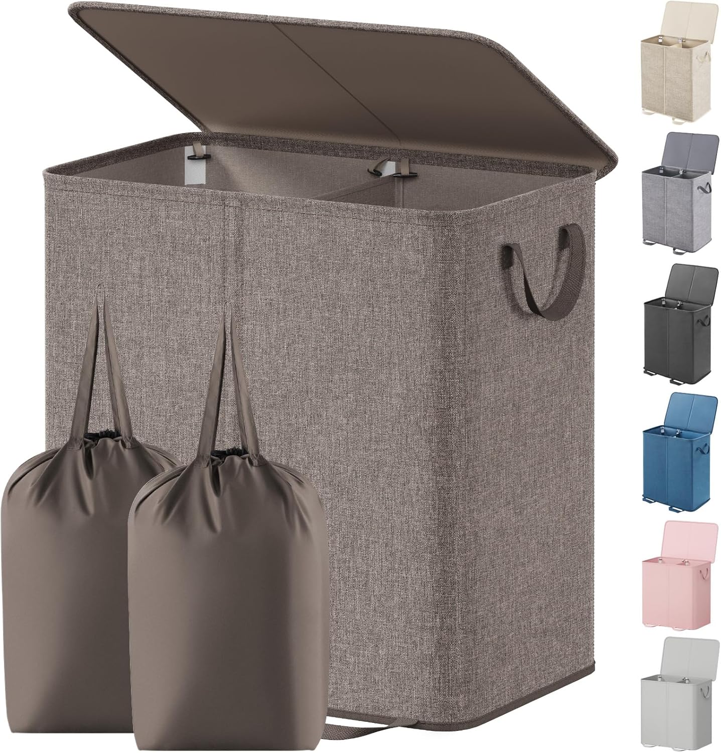 Lifewit Double Laundry Hamper with Lid and Removable Laundry Bags, Large Collapsible 2 Dividers Dirty Clothes Basket with Handles for Bedroom Laundry