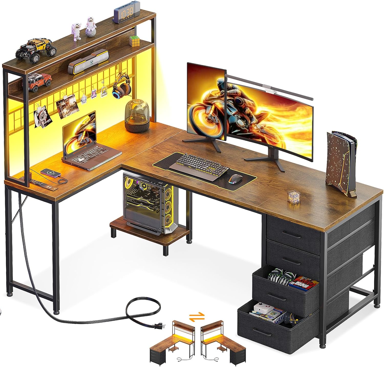AODK L Shaped Desk Gaming Desk with LED Light and Power Outlet, 53 Inch Reversible L Shaped Computer Table with Shelf and Storage Bag and Hook for