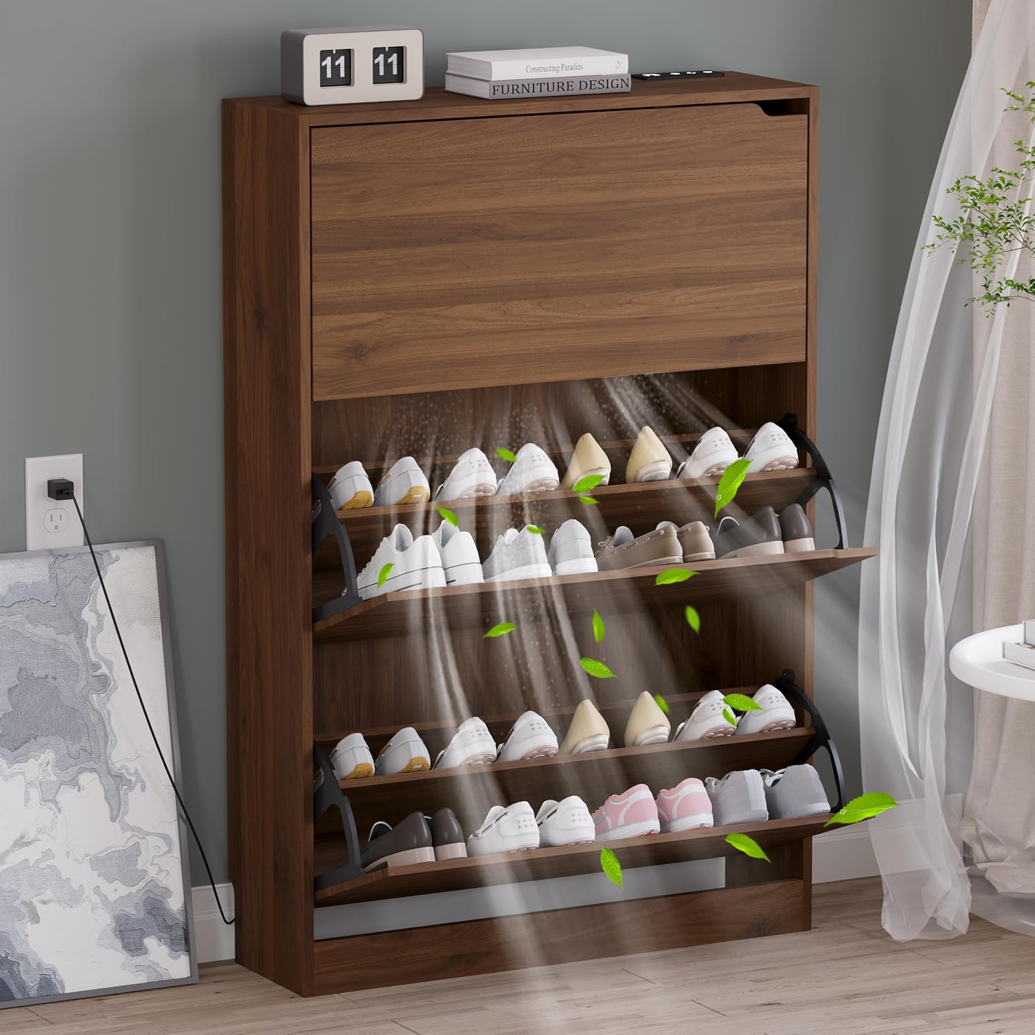 BORNOON Shoe Cabinet with 3 Flip Drawers, Hidden Wood Shoe Cabinet, Freestanding Shoe Storage Cabinet for Entryway Hallway.White. 47.2" H*31.5" W*9