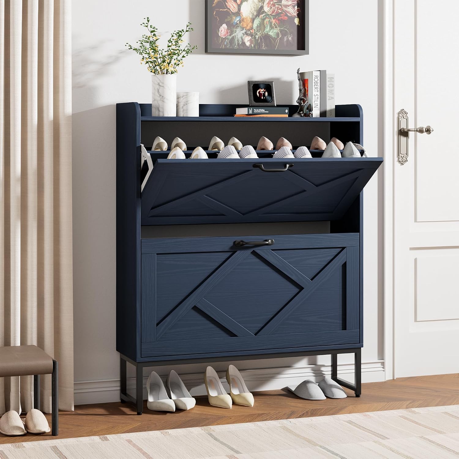 Shoe Cabinet with 2 Flip Drawers, Entryway Organizer, Chestnut, Slim Wood Shoe Rack with Metal Legs, Farmhouse Shoe Cabinet Storage for Entryway