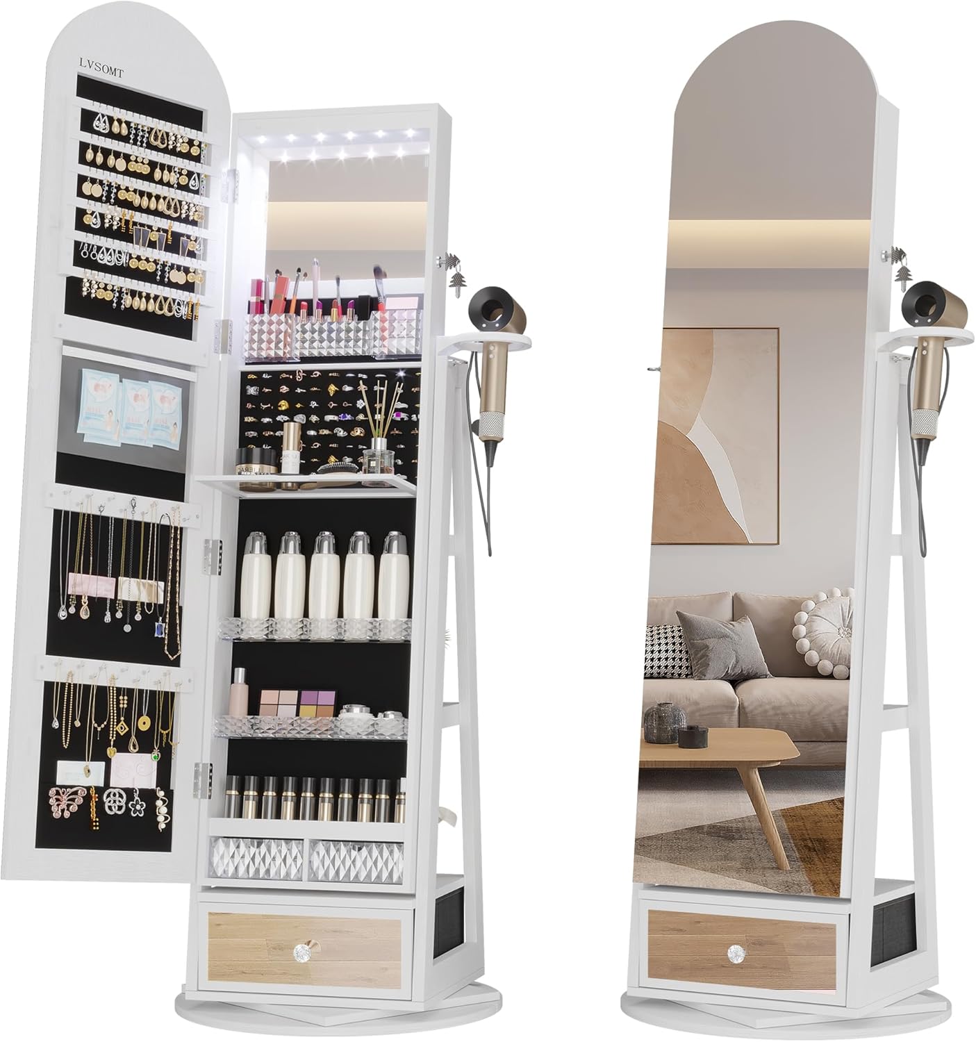 LVSOMT 64" H Arched LED Mirror Jewelry Cabinet Standing, White, 360° Swivel Full-Length Mirror with Storage