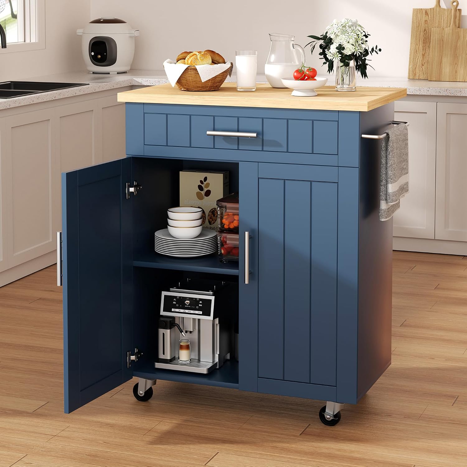 Shintenchi Kitchen Island Cart with Storage, Rolling Side Table on Wheels with Worktop, Single Door Cabinet and Drawer for Dining Room, White