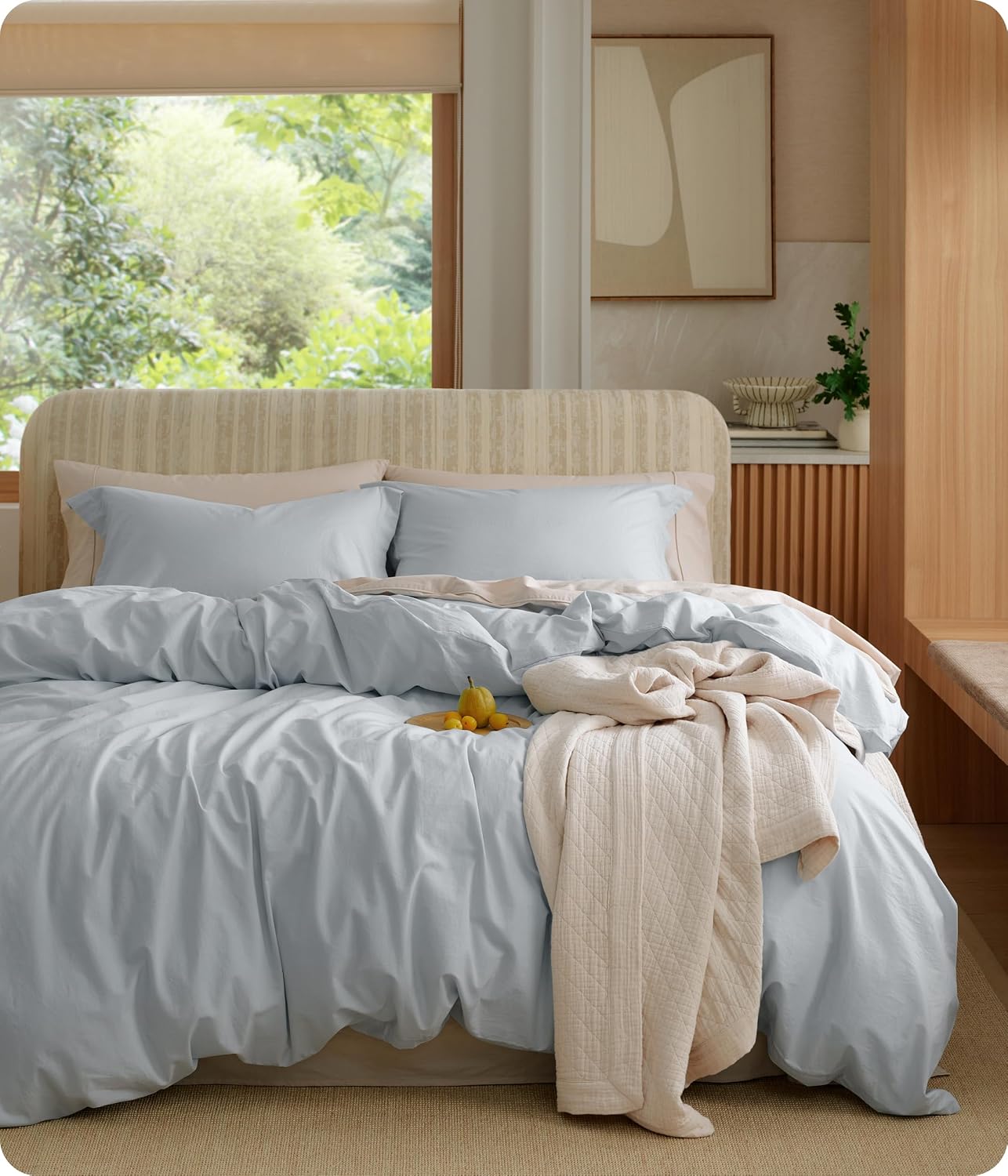 Bedsure 100% Washed Cotton Duvet Cover King Size - Sage Green Minimalist Bedding Set Linen Like - PureWoven Plain Simple and Soft Comforter Cover for