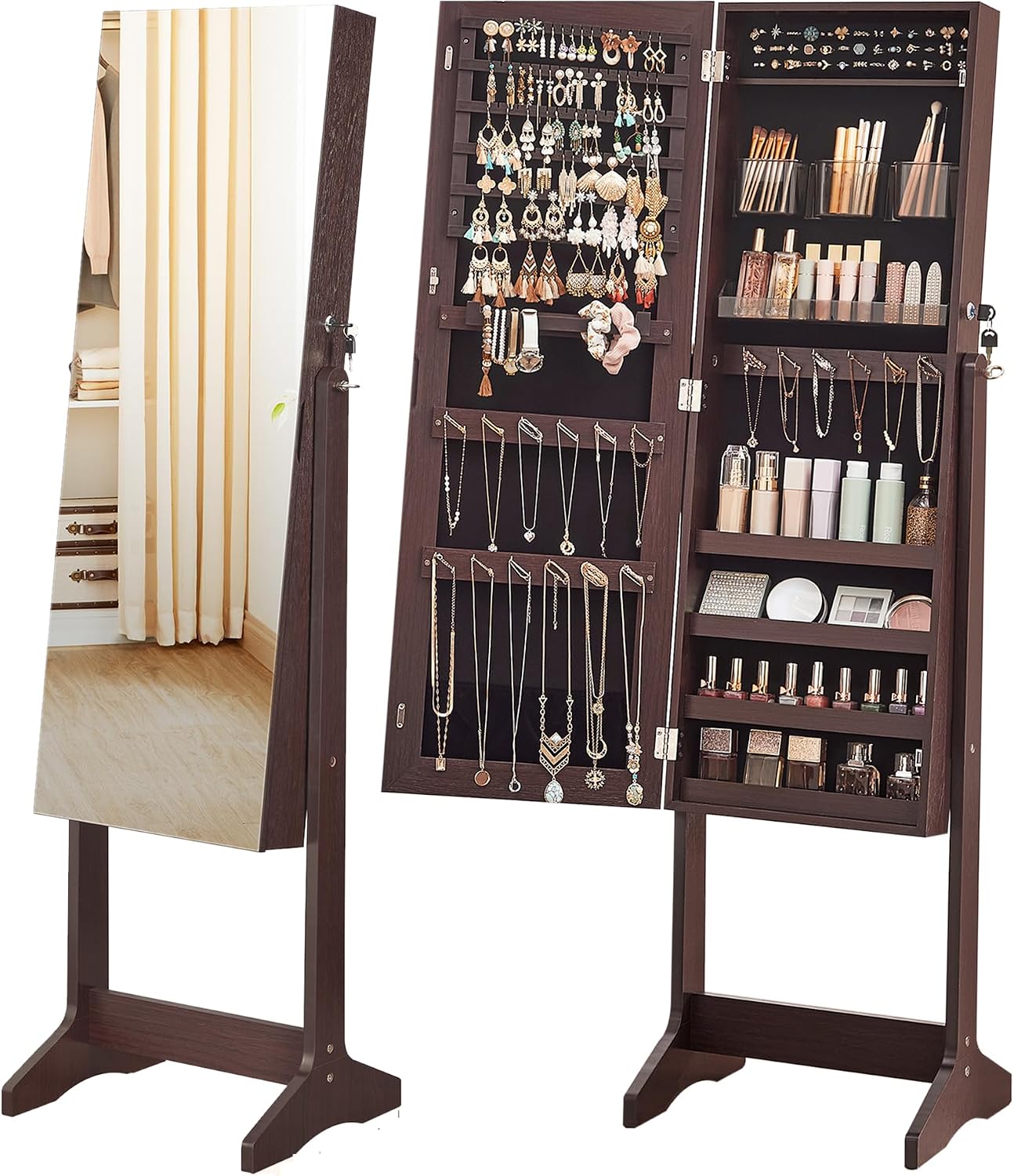 SONGMICS LED Cabinet Standing, Lockable Jewelry Armoire with Full-Length Mirror, Space-Saving Jewelry Organizer with Mirror, Bottom Drawer and Shelf