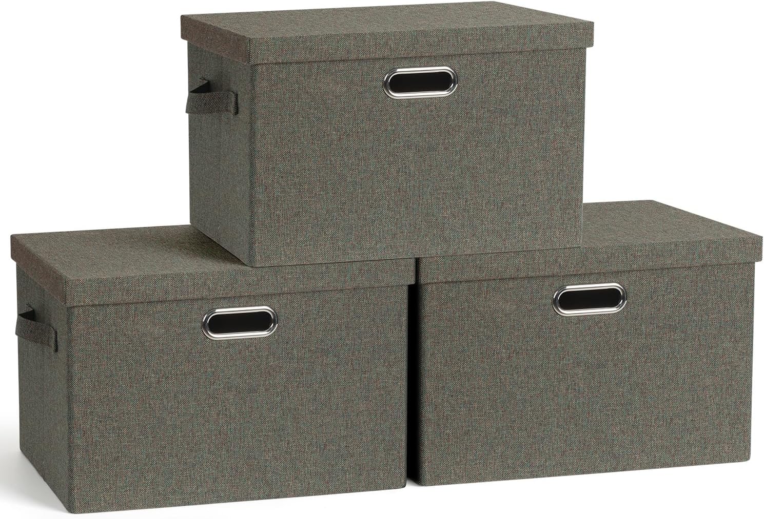 Graciadeco Large Quart Collapsible Stackable Storage Bins with Lids, 3 Packs Beige Linen Fabric Closet Boxes with Lids