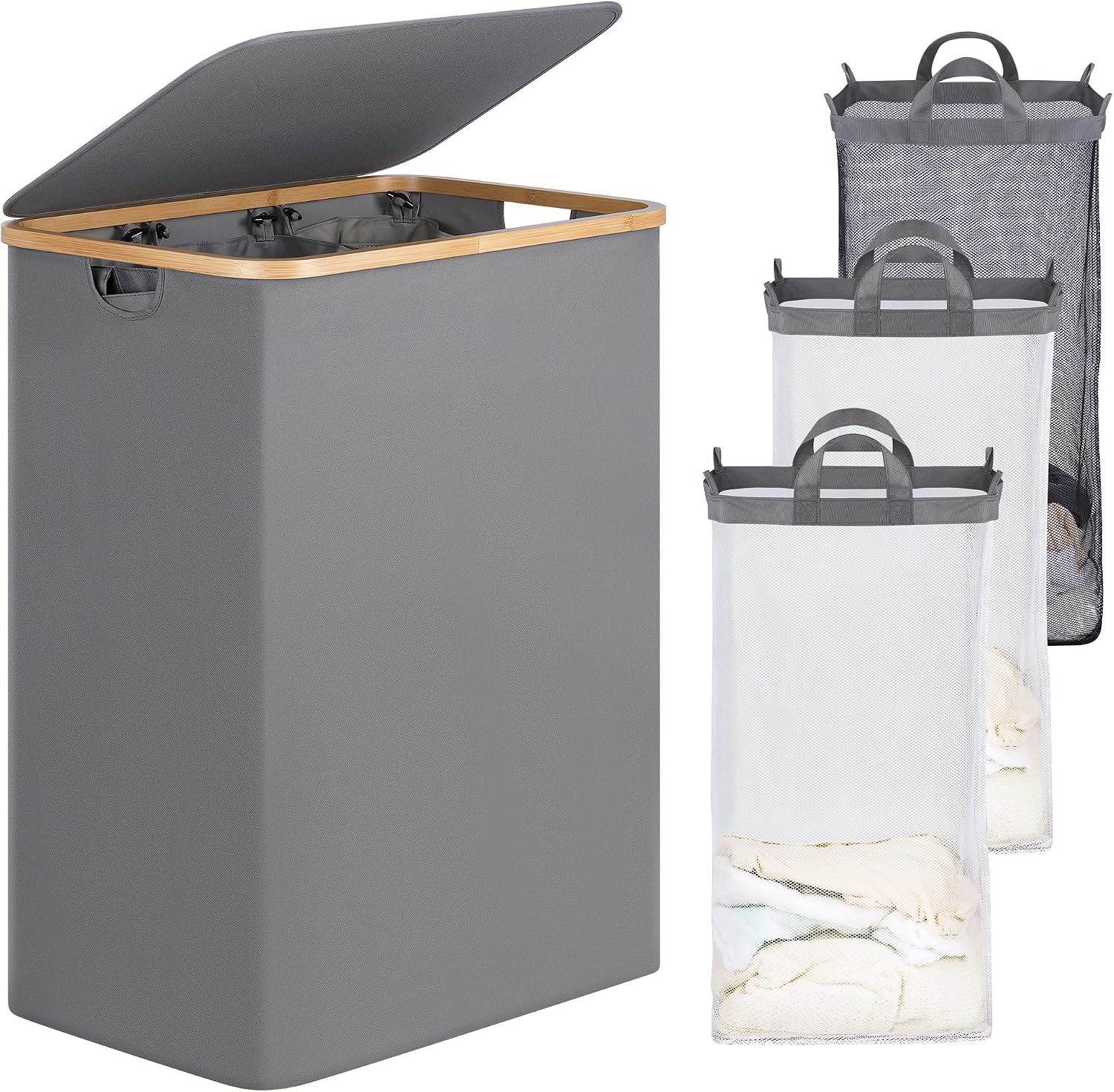 efluky Laundry Hamper with Lid, Double Laundry Basket with 2 Removable Bags, 2 Section Laundry Bin with Bamboo Handles for Bathroom