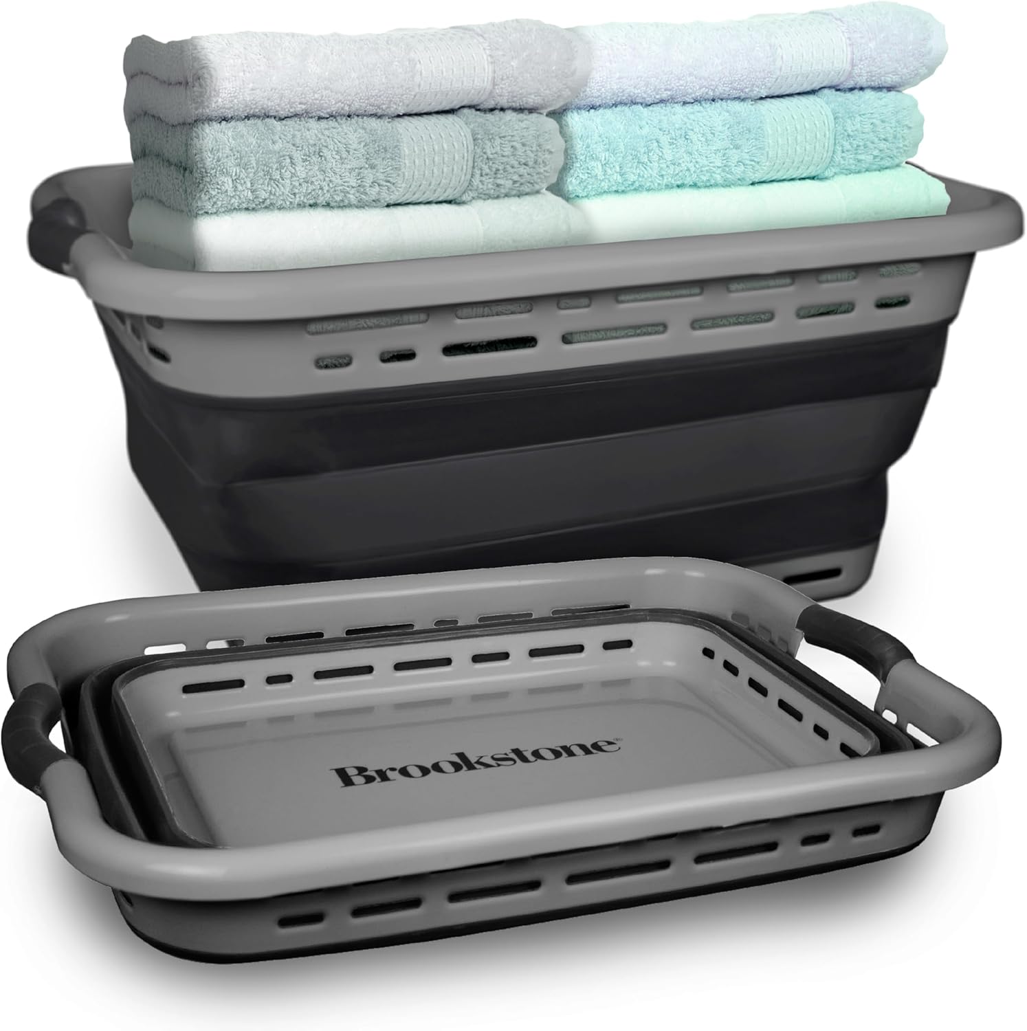 BROOKSTONE 11 GALLON XL 24" Collapsible Laundry Basket and Clothes Hamper, Comfort Non-Slip Handles, Modern Laundry Hamper with Space Saving Design