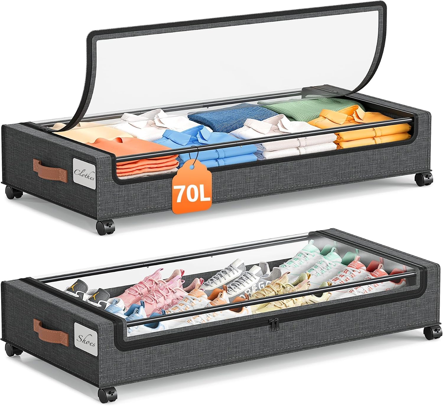 Yecaye Under Bed Storage with Wheels 2 Pack, 70L Larger Capacity Under Bed Storage Containers, Underbed Shoe Storage Organizer