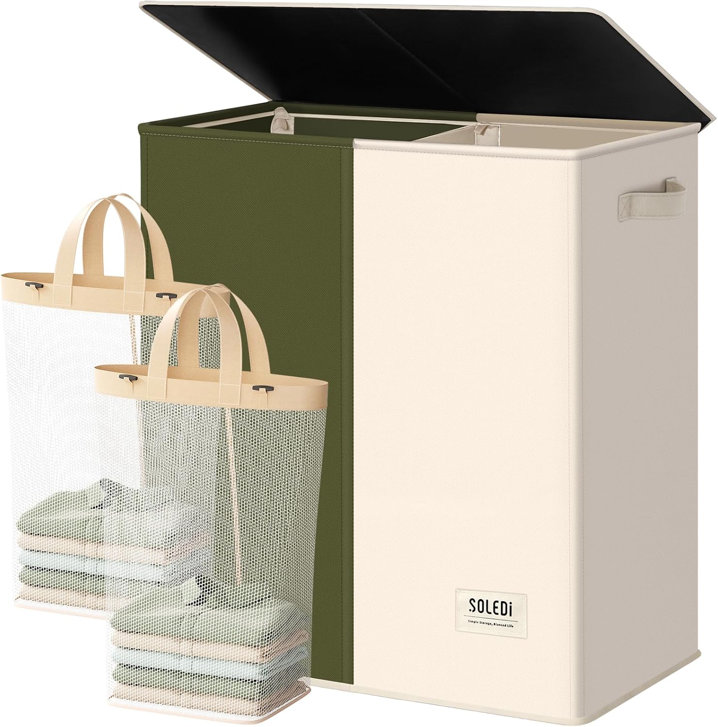 SOLEDI Luxury Double Laundry Hamper with Lid and Removable Bags, 38.3 Gal Large Laundry Bin, Laundry Basket 2 Sections