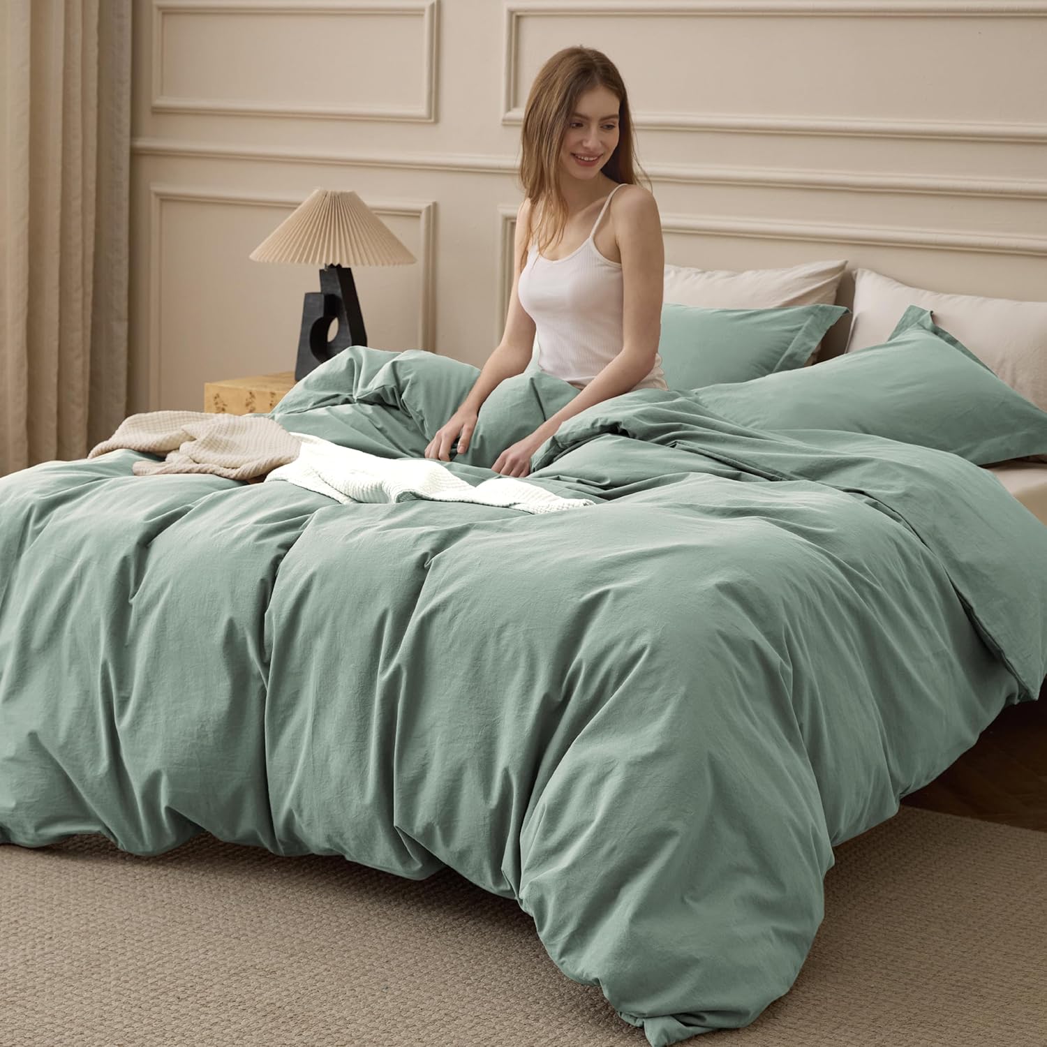 Bedsure 100% Washed Cotton Duvet Cover King Size - Sage Green Minimalist Bedding Set Linen Like - PureWoven Plain Simple and Soft Comforter Cover for