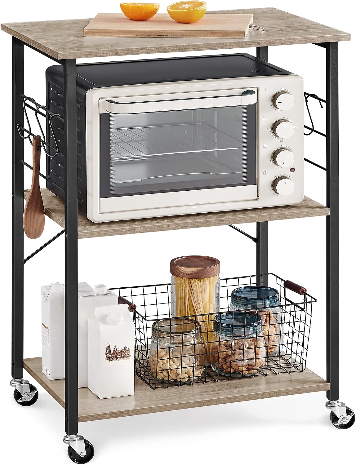 VASAGLE Kitchen Shelf on Wheels, 31.5 Inches Serving Cart with 3 Shelves, Kitchen Cart, Microwave Shelf, for Mini Oven, Toaster, with 6 Hooks