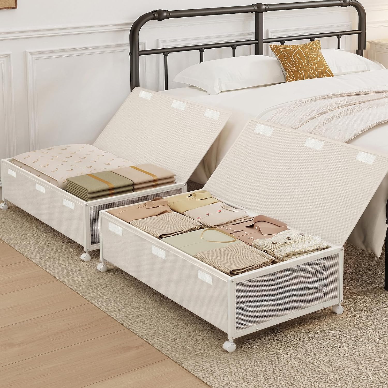 Fokyfok 2 Pack Under the Bed Storage Containers, 10 inch Height Under Bed Shoe Storage, 31inch Long Underbed Storage with Wheels
