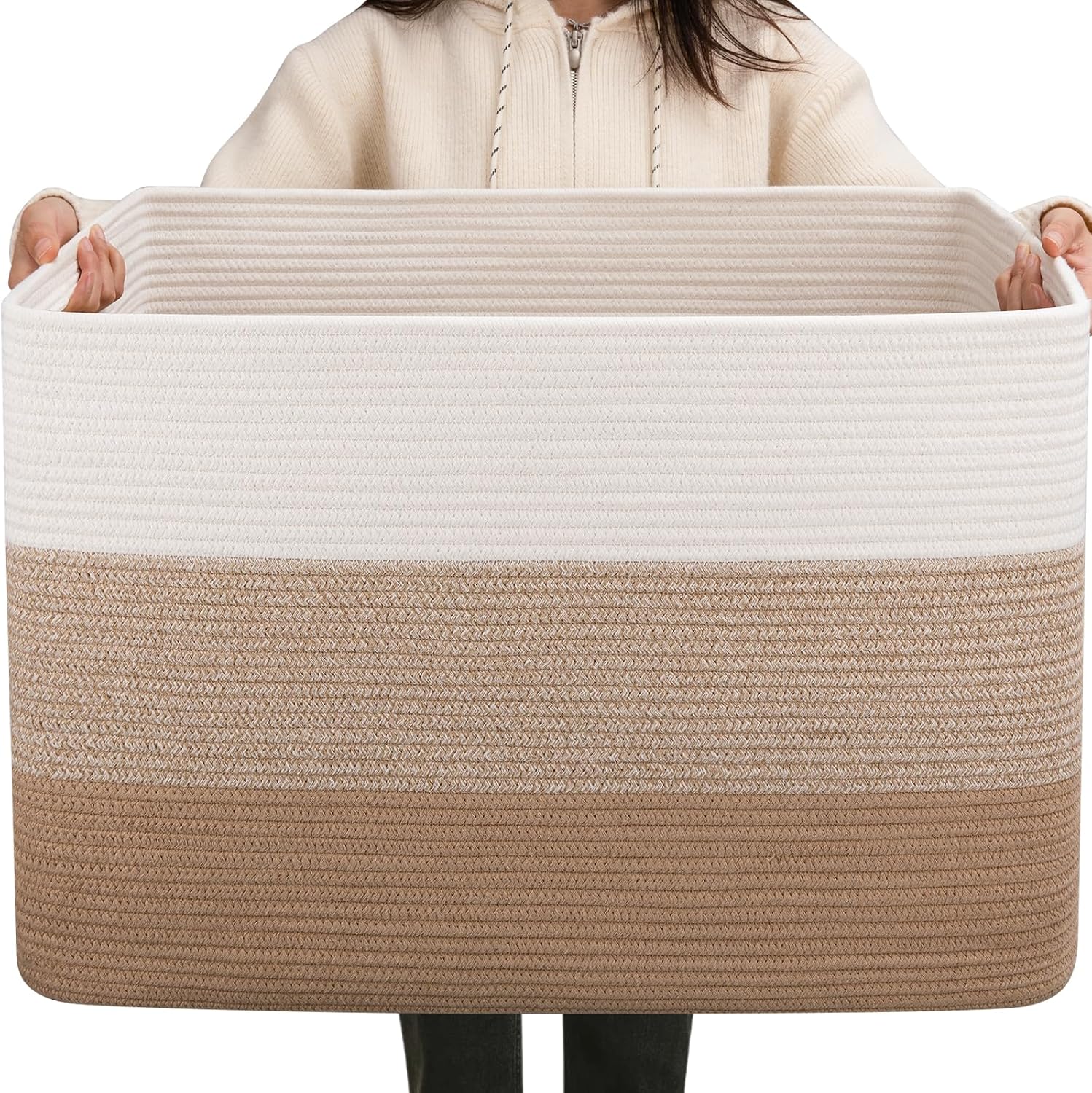 OIAHOMY 108L Super Large Blanket Basket, 25"x16"x16"(108L) Rectangle Woven Baskets for Storage, Cotton Rope Basket For Living Room