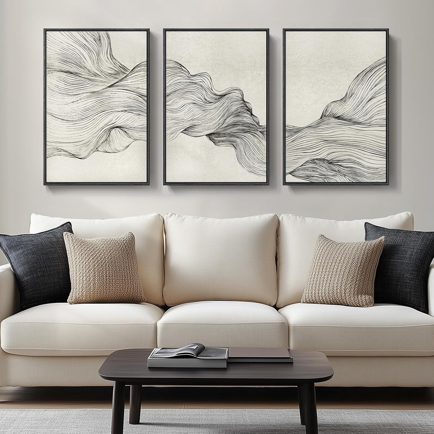 Large Framed Boho Modern Neutral Abstract Wall Art for Living Room, 3 Piece Black and White Canvas Prints Paintings Artwork for Walls