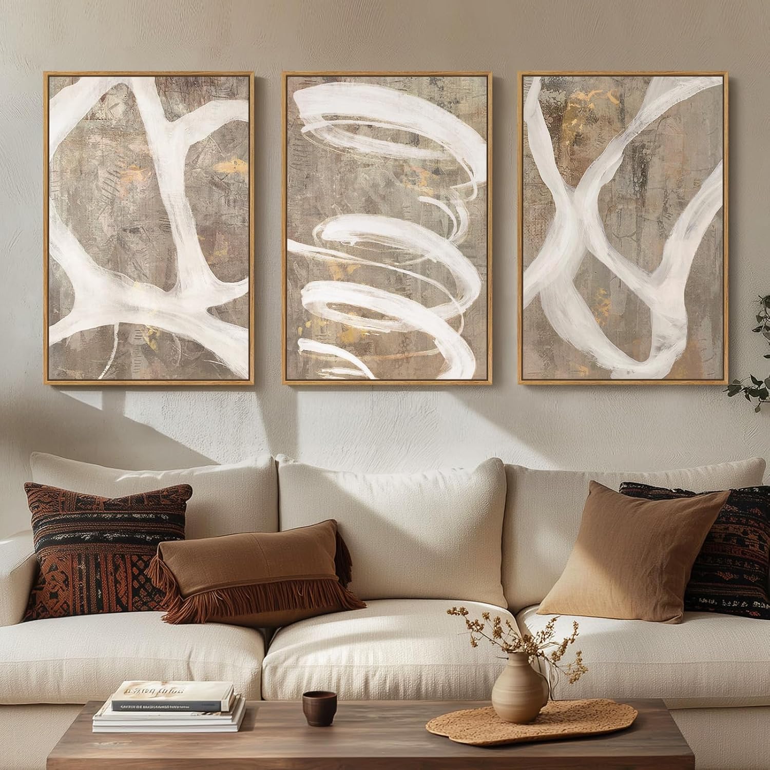 Large Framed Neutral Abstract Wall Art for Living Room, 3 Piece Modern Canvas Prints Paintings Artwork for Walls