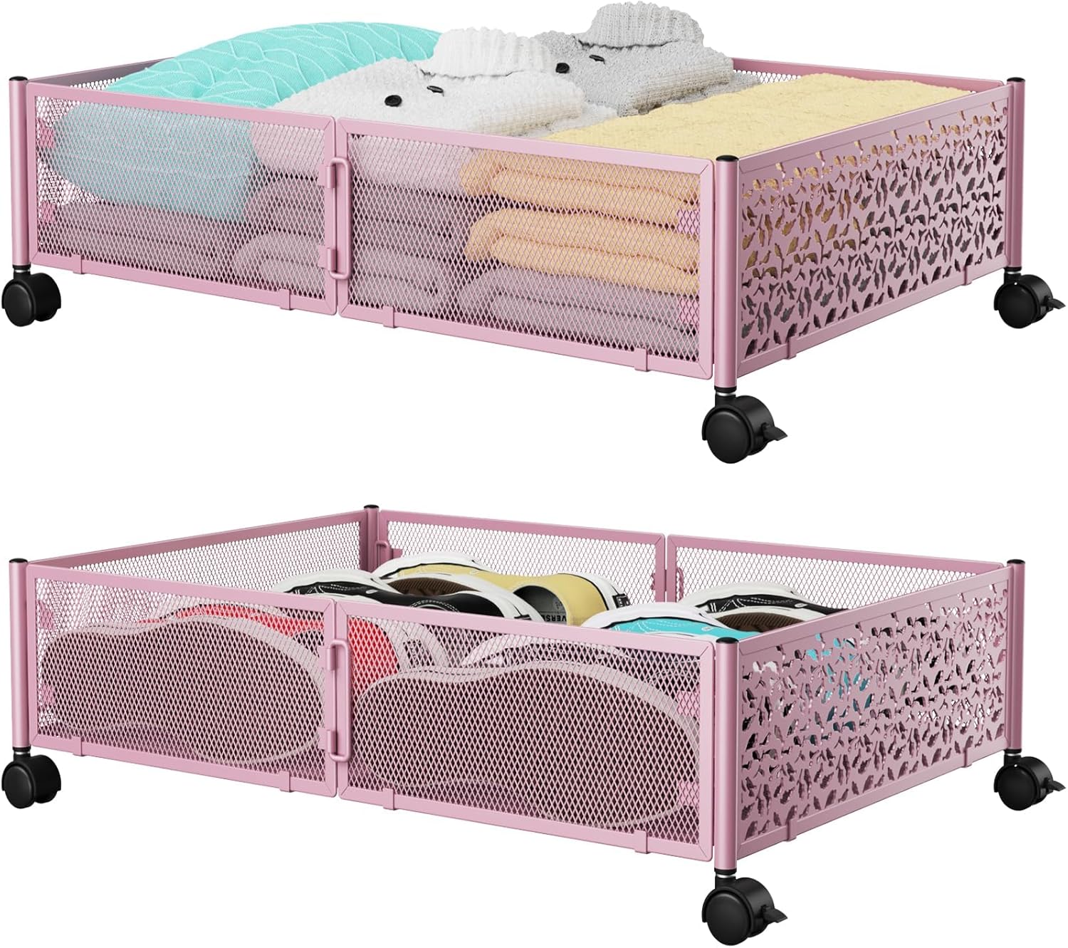 Under Bed Stroage Container with wheels, Patterned, Metal, 2 Pack, Black, Tool-free assembly, glide smoothly, easy reach, foldable