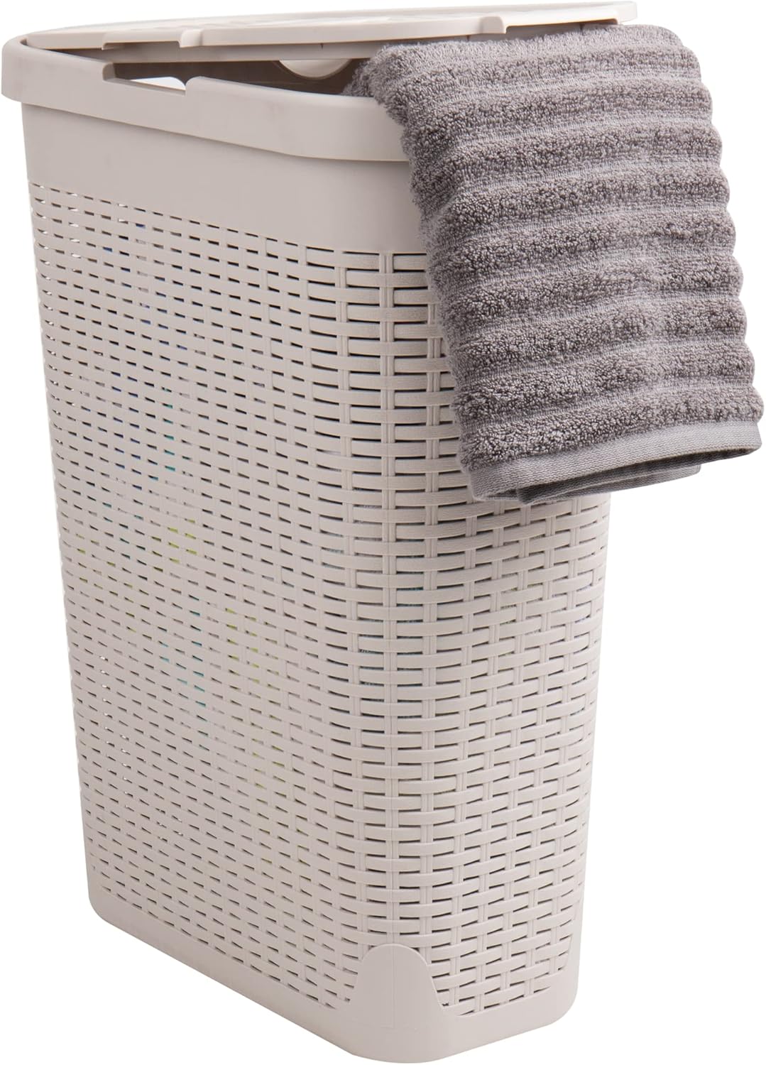 Mind Reader Slim Laundry Hamper with Lid, 40L Clothes Basket, Narrow Tapered Design with Ventilated Cutout Pattern, Plastic, White